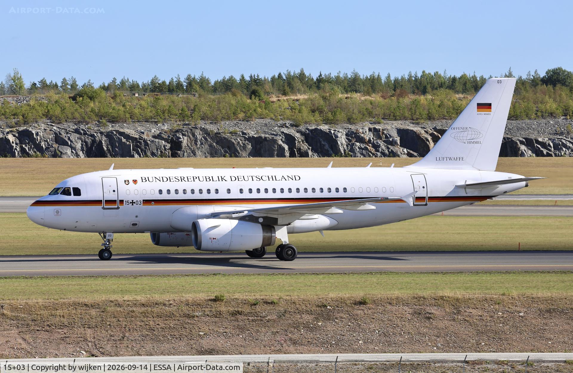 Aircraft 15+03, 2000 Airbus ACJ319 (A319-133/CJ), c/n 1212, Twy W, at ESSA, photo by wijken