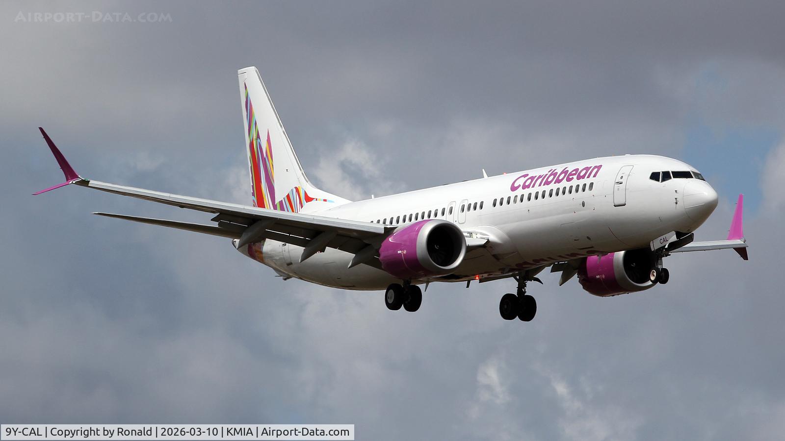 Aircraft 9Y-CAL, 2021 Boeing 737-8 MAX, c/n 43385 l/n 7947, at mia, at KMIA, photo by Ronald