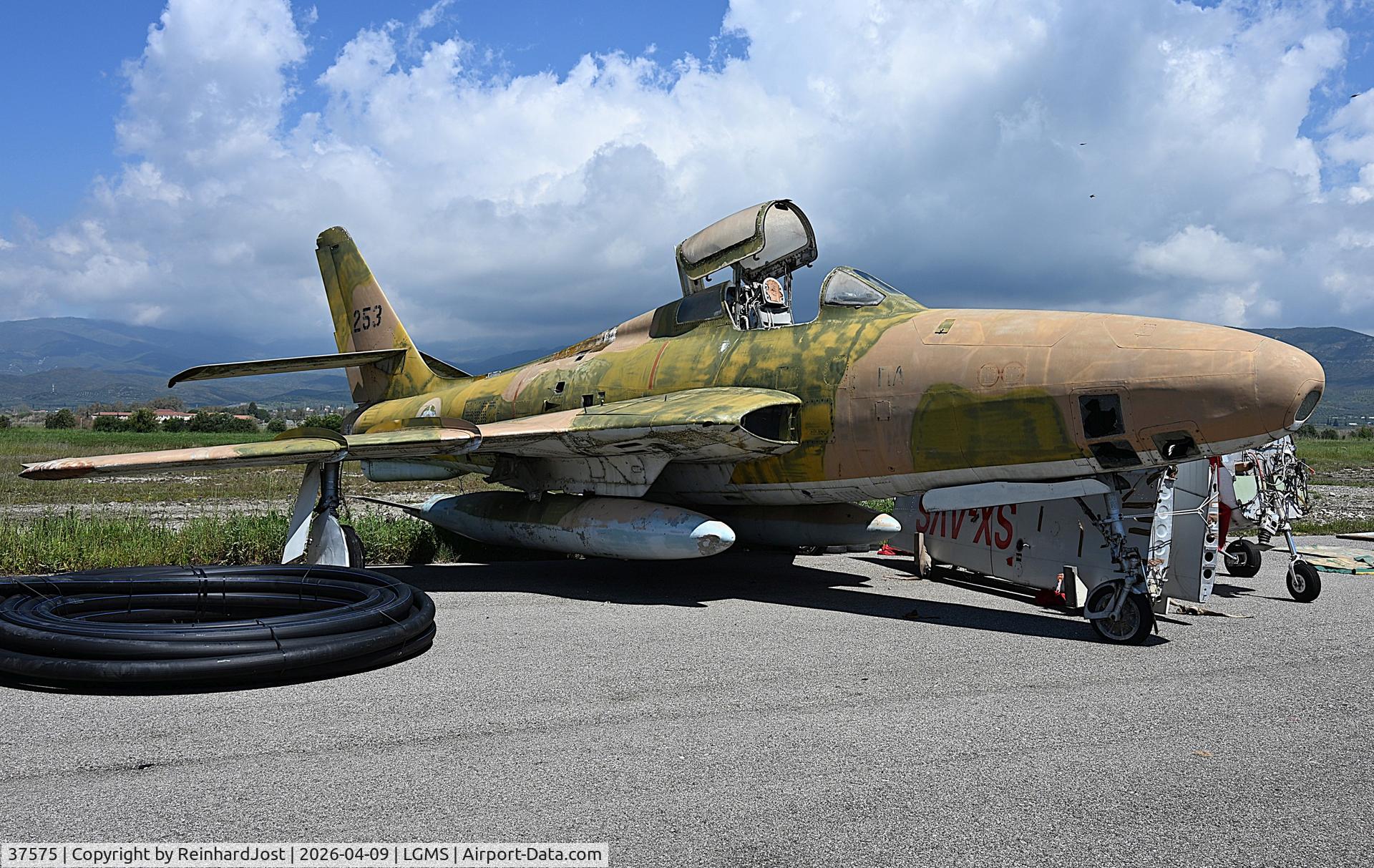 Aircraft 37575, Republic RF-84F-46-RE Thunderflash, c/n 53-7575, Greek Air Force 37575 (exEB-225 / EB-325 / EB-255) with fake reg 37253 at the small aircraft collection at Mesolongi Aerodrome, Greece, at LGMS, photo by ReinhardJost