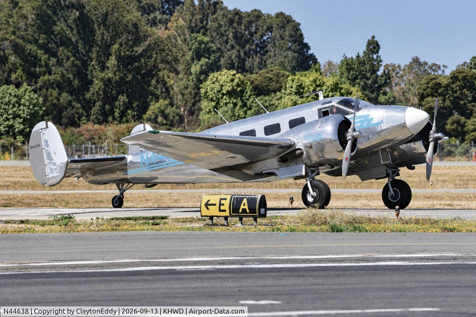 Aircraft N44638, 1946 Beech D18S, c/n A-45, Plane rides Hayward airport Open House in California 2026, at KHWD, photo by ClaytonEddy