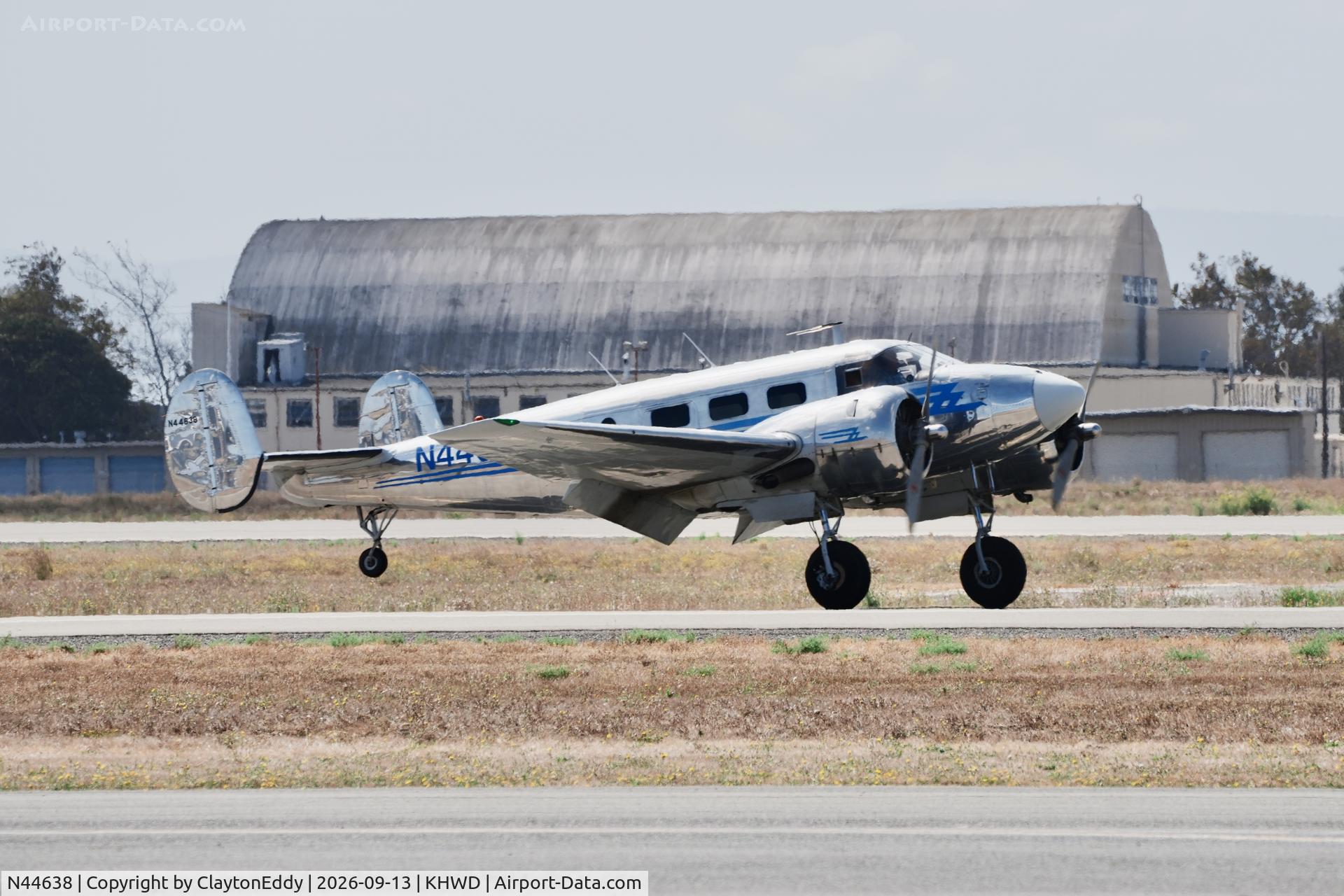 Aircraft N44638, 1946 Beech D18S, c/n A-45, Plane rides Hayward airport Open House in California 2026, at KHWD, photo by ClaytonEddy