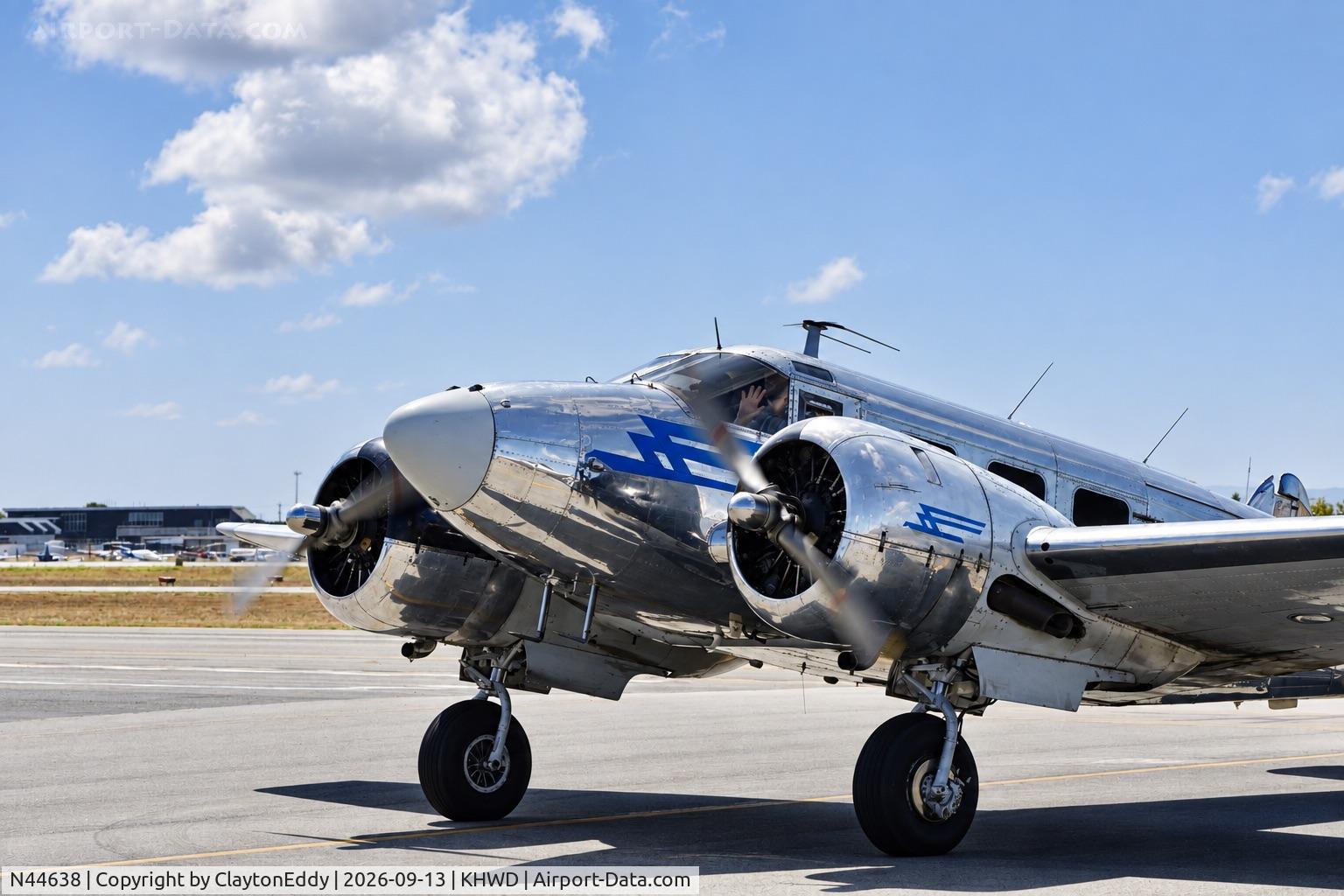 Aircraft N44638, 1946 Beech D18S, c/n A-45, Plane rides Hayward airport Open House in California 2026, at KHWD, photo by ClaytonEddy