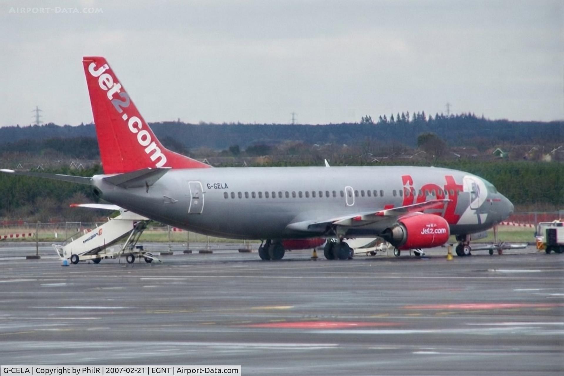 Aircraft G-CELA, 1986 Boeing 737-377(QC), c/n 23663 l/n 1323, G-CELA 1986 Boeing 737-300 Jet 2 NCL, at EGNT, photo by PhilR