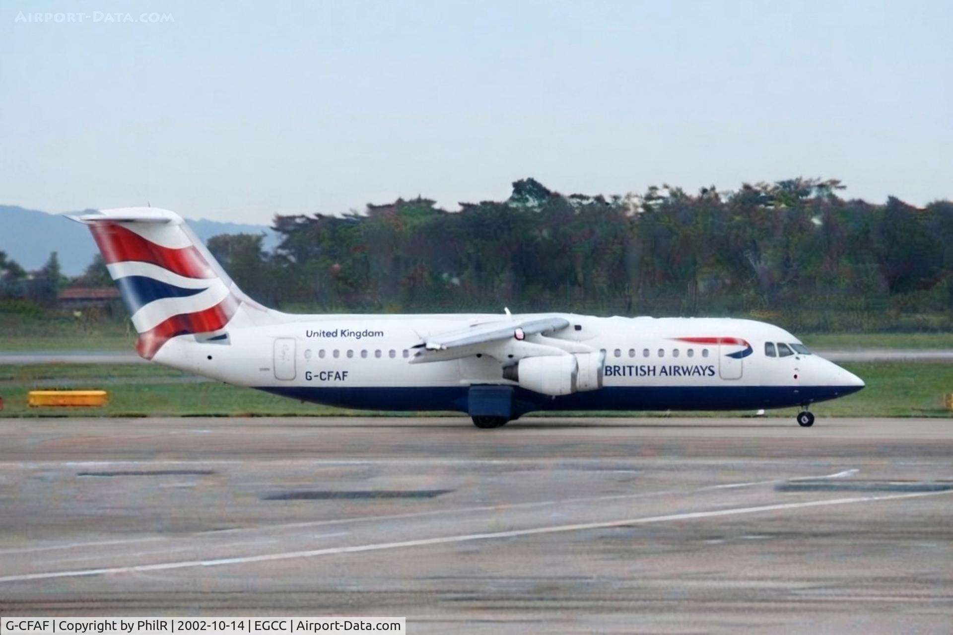 Aircraft G-CFAF, 2001 British Aerospace Avro 146-RJ100, c/n E3382, G-CFAF 2001 BAe146 RJ100 BA MAN, at EGCC, photo by PhilR