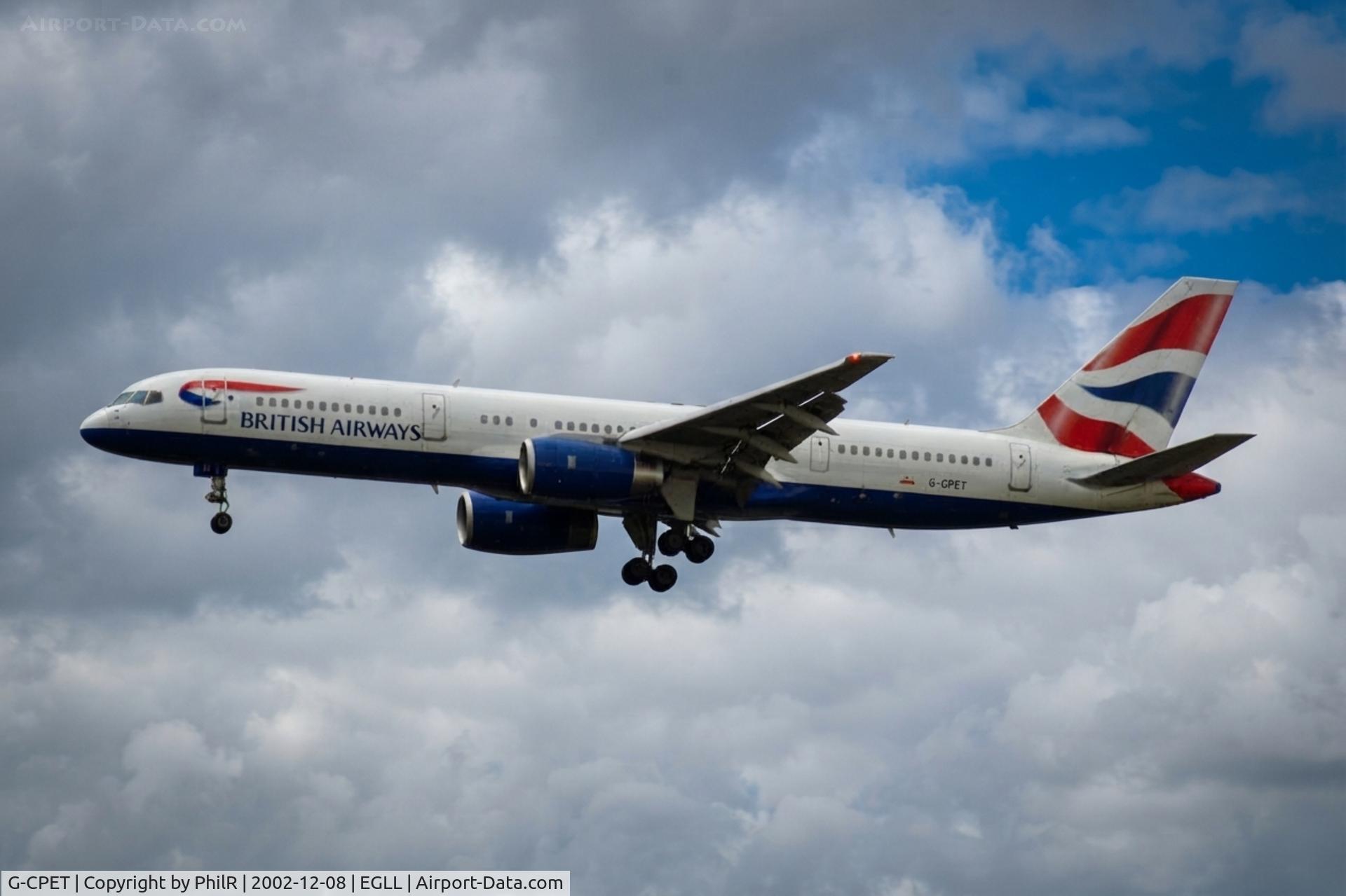 Aircraft G-CPET, 1998 Boeing 757-236, c/n 29115, G-CPET 1998 B757-200 BA LHR, at EGLL, photo by PhilR