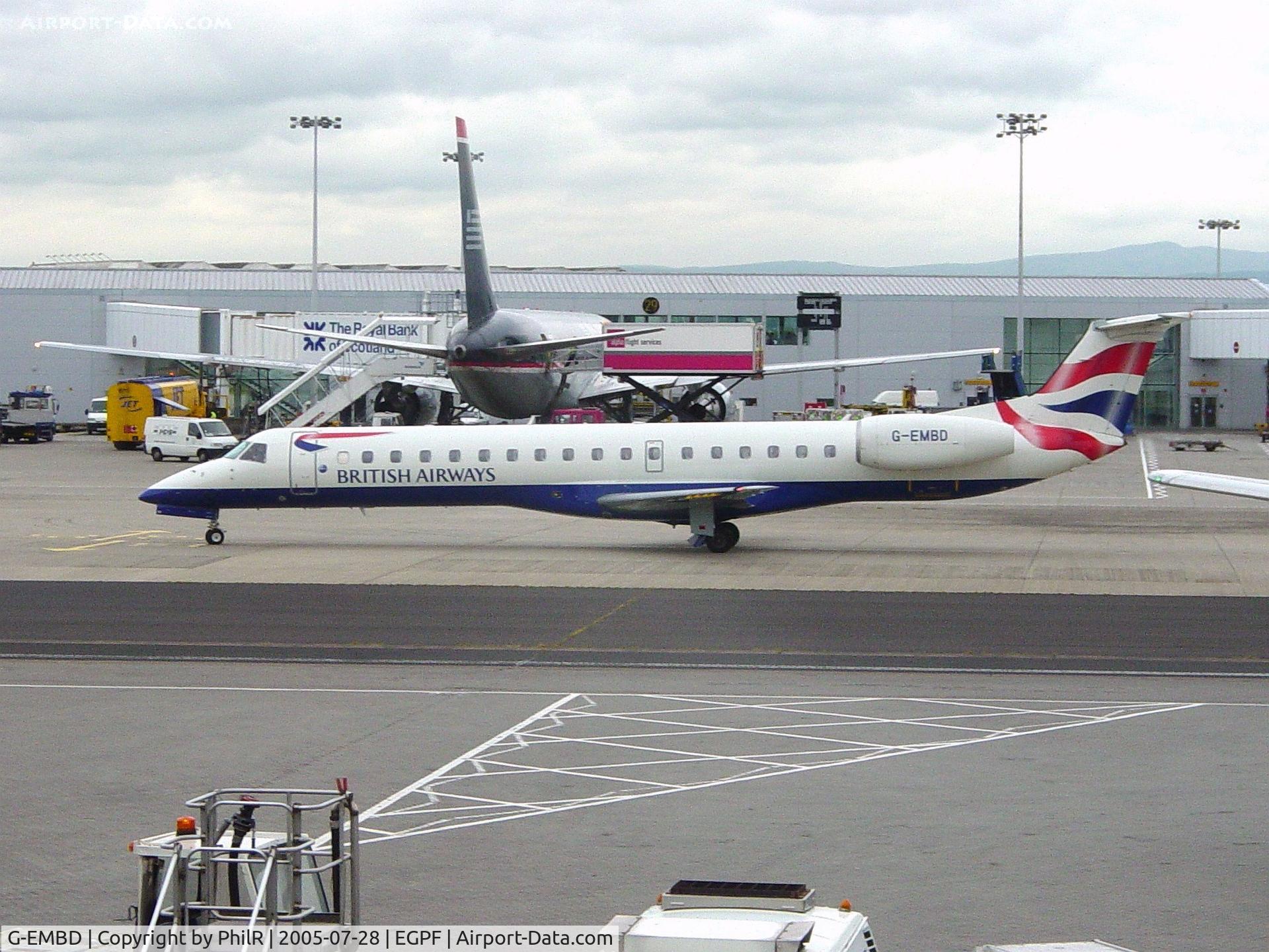 Aircraft G-EMBD, 1998 Embraer EMB-145EU (ERJ-145EU), c/n 145039, G-EMBD 1998 ERJ145EU BA GLA, at EGPF, photo by PhilR