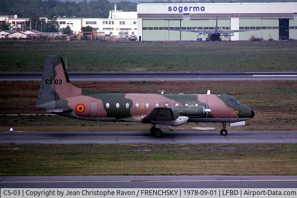 Aircraft CS-03, 1976 Hawker Siddeley HS.748 Series 2A, c/n 1743, Belgian Air Force, at LFBD, photo by Jean Christophe Ravon / FRENCHSKY