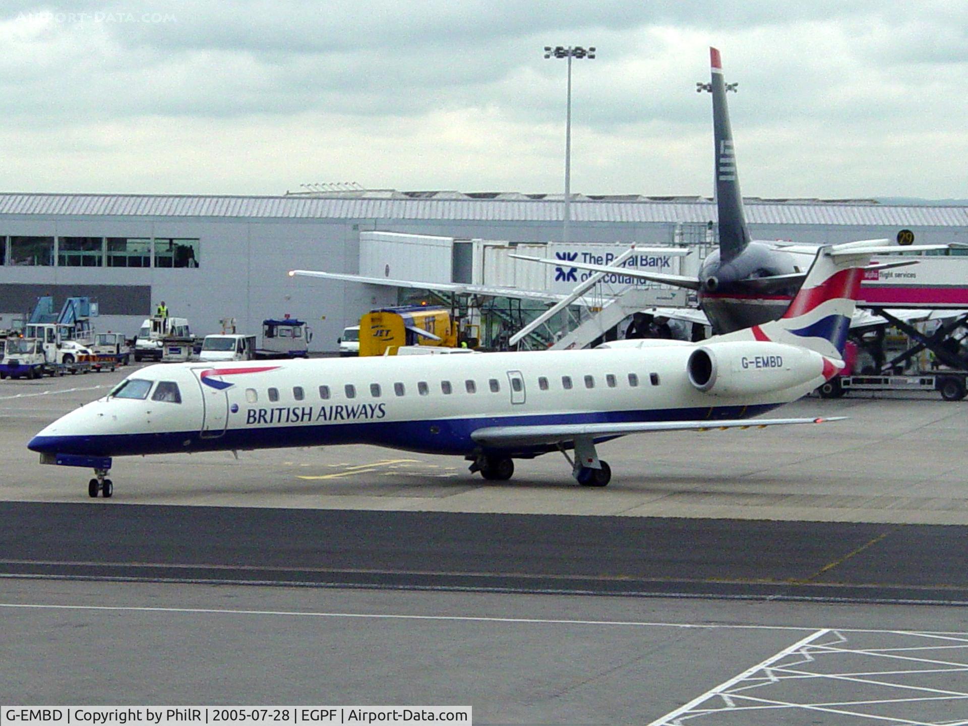 Aircraft G-EMBD, 1998 Embraer EMB-145EU (ERJ-145EU), c/n 145039, G-EMBD 1998 Embraer ERJ 145EU GLA, at EGPF, photo by PhilR