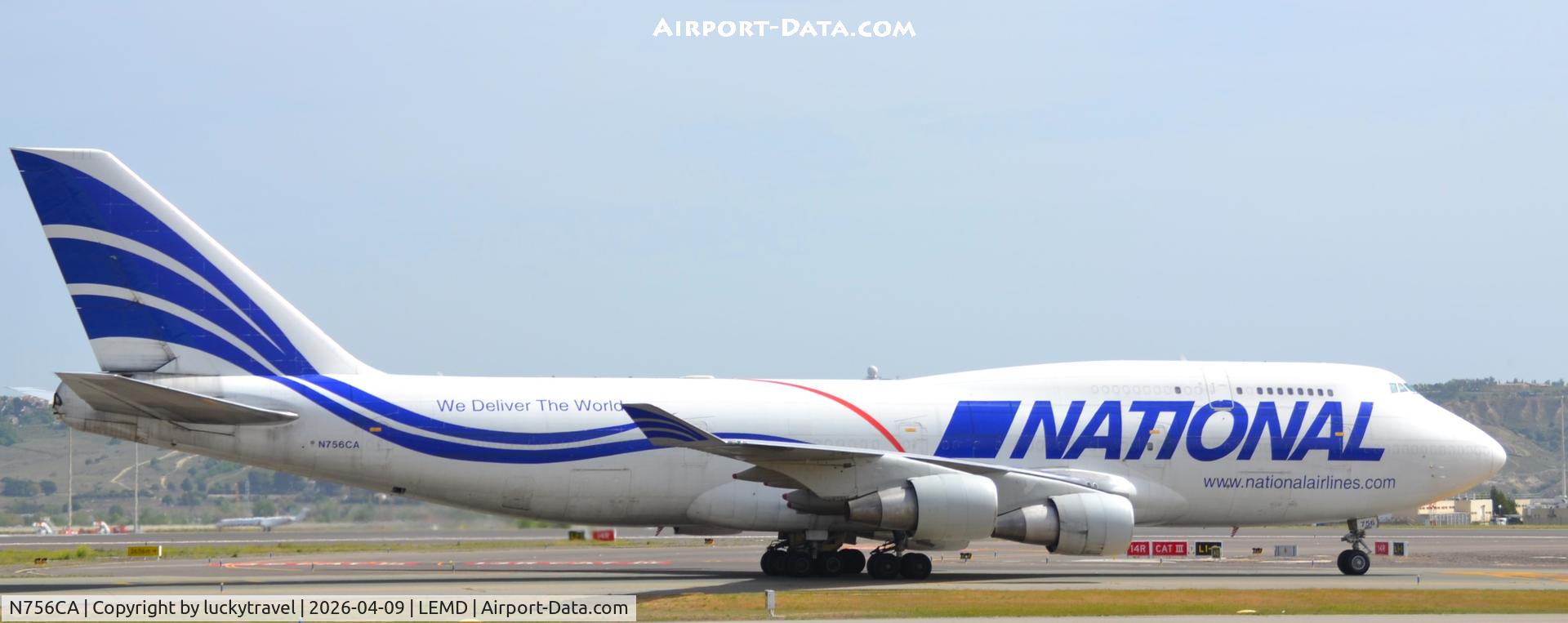 Aircraft N756CA, 1992 Boeing 747-412/BCF, c/n 26547 l/n 921, National B747F taxiing at Madrid (LEMD) to Cargo Terminal after Landing, at LEMD, photo by luckytravel