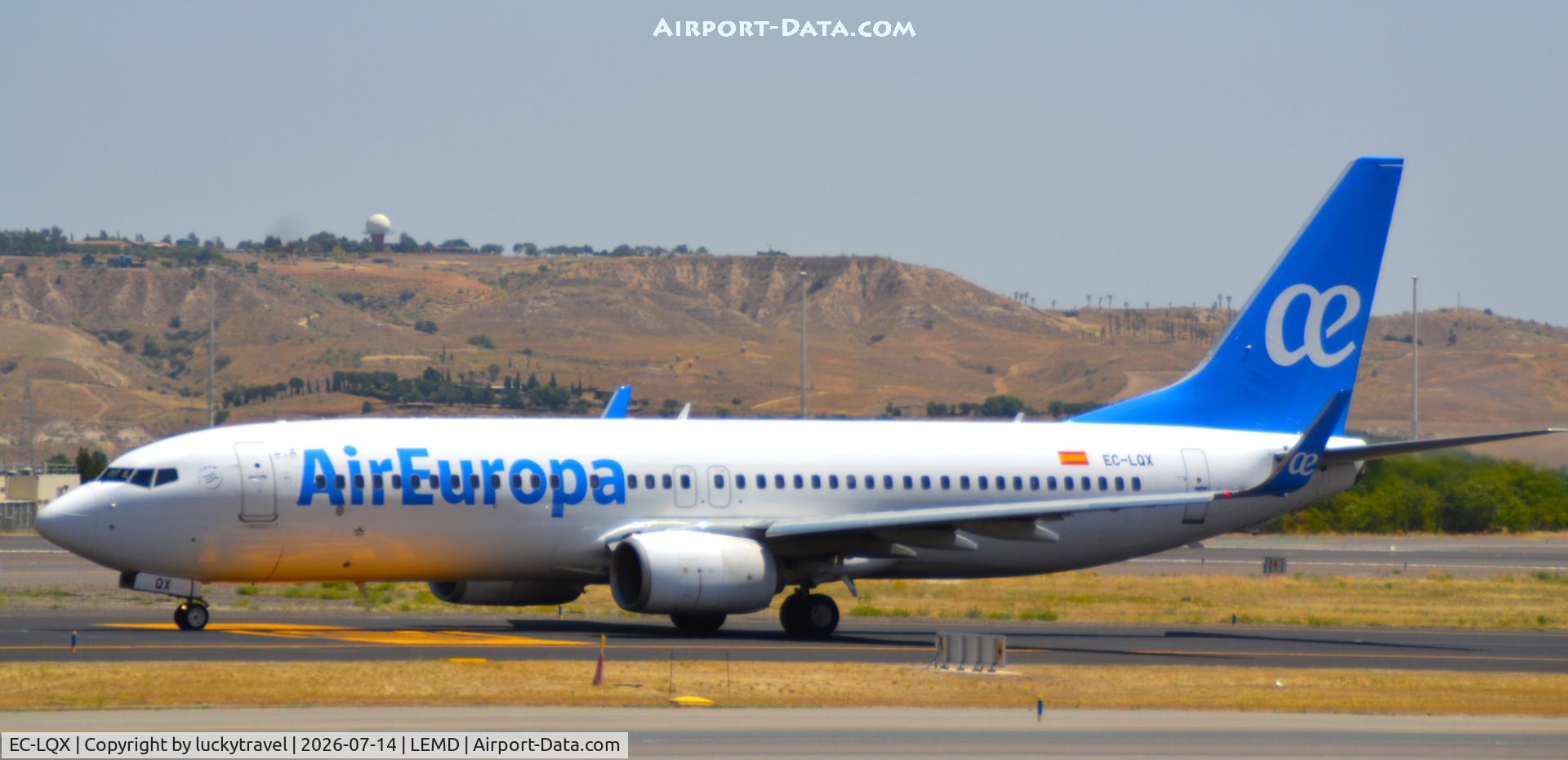 Aircraft EC-LQX, 2012 Boeing 737-85P, c/n 36589 l/n 4116, AirEuropa B737-800 taxiig at Madrid (LEMD) to takeoff RWY32L, at LEMD, photo by luckytravel