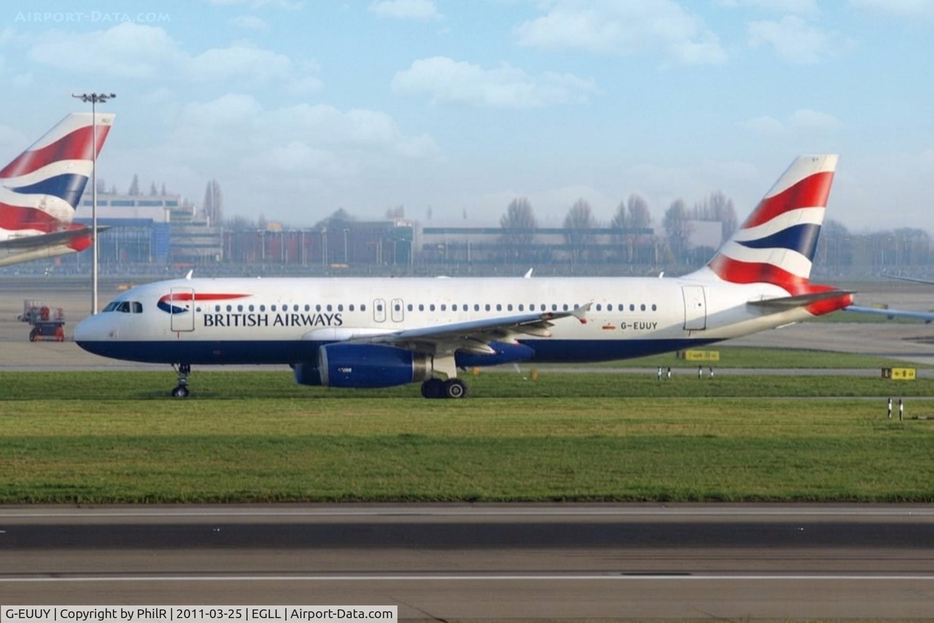 Aircraft G-EUUY, 2008 Airbus A320-232, c/n 3607, G-EUUY 2008 A320-200 BA LHR, at EGLL, photo by PhilR