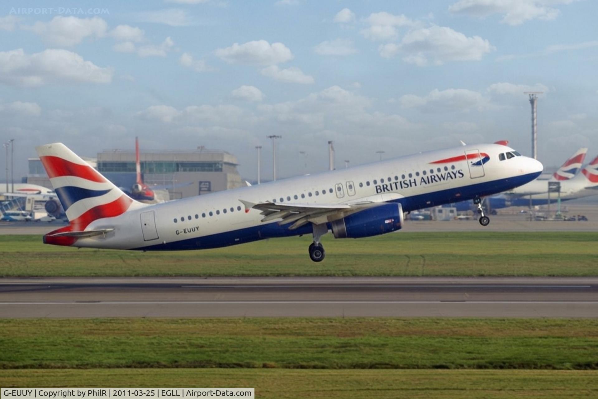 Aircraft G-EUUY, 2008 Airbus A320-232, c/n 3607, G-EUUY 2008 A320-200 BA LHR, at EGLL, photo by PhilR