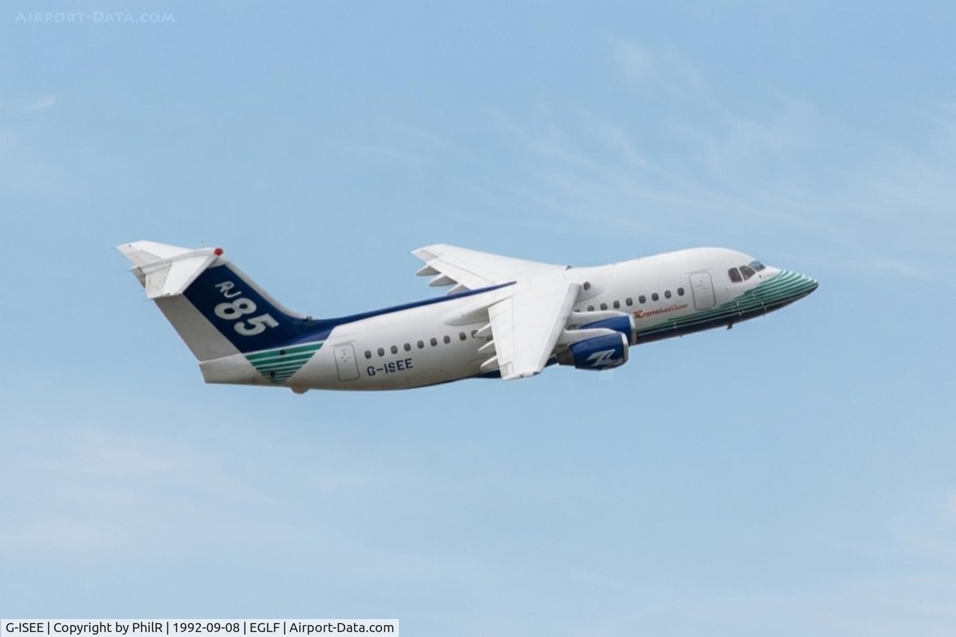Aircraft G-ISEE, 1992 British Aerospace Avro 146 RJ-85A, c/n E2208, G-ISEE 1992 Avro RJ85A BAe SBAC, at EGLF, photo by PhilR
