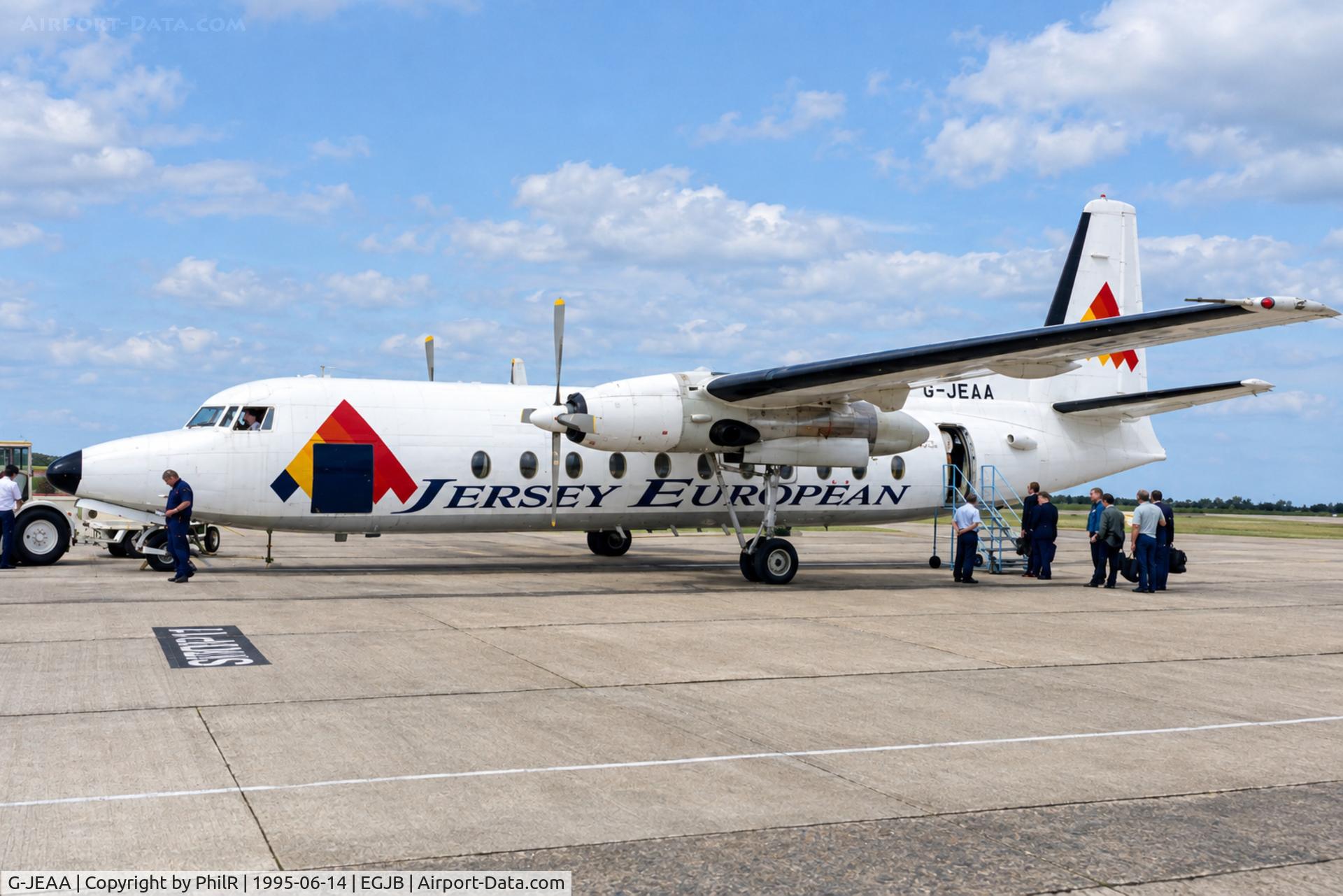 Aircraft G-JEAA, 1984 Fokker F-27-500 Friendship, c/n 10664, G-JEAA 1984 Fokker F-27 JEA GCI, at EGJB, photo by PhilR