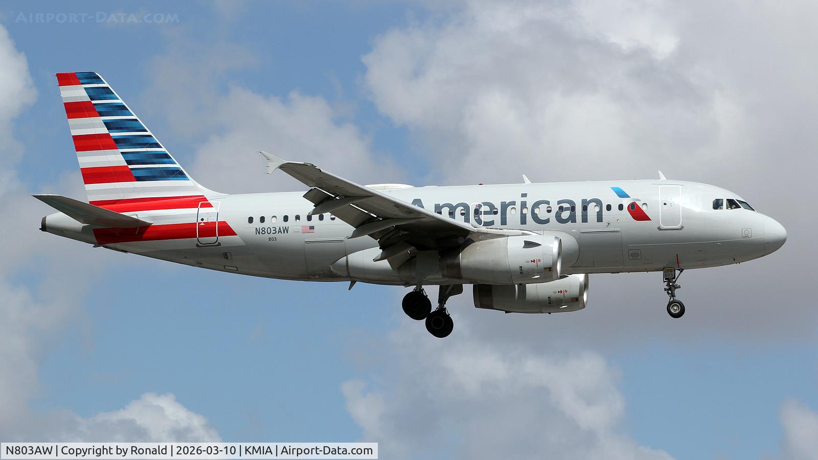Aircraft N803AW, 1998 Airbus A319-132, c/n 0931, at mia, at KMIA, photo by Ronald