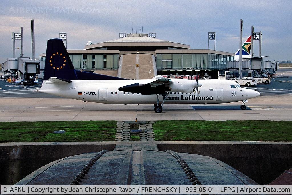Aircraft D-AFKU, 1991 Fokker 50, c/n 20236, Lufthansa CityLine, at LFPG, photo by Jean Christophe Ravon / FRENCHSKY