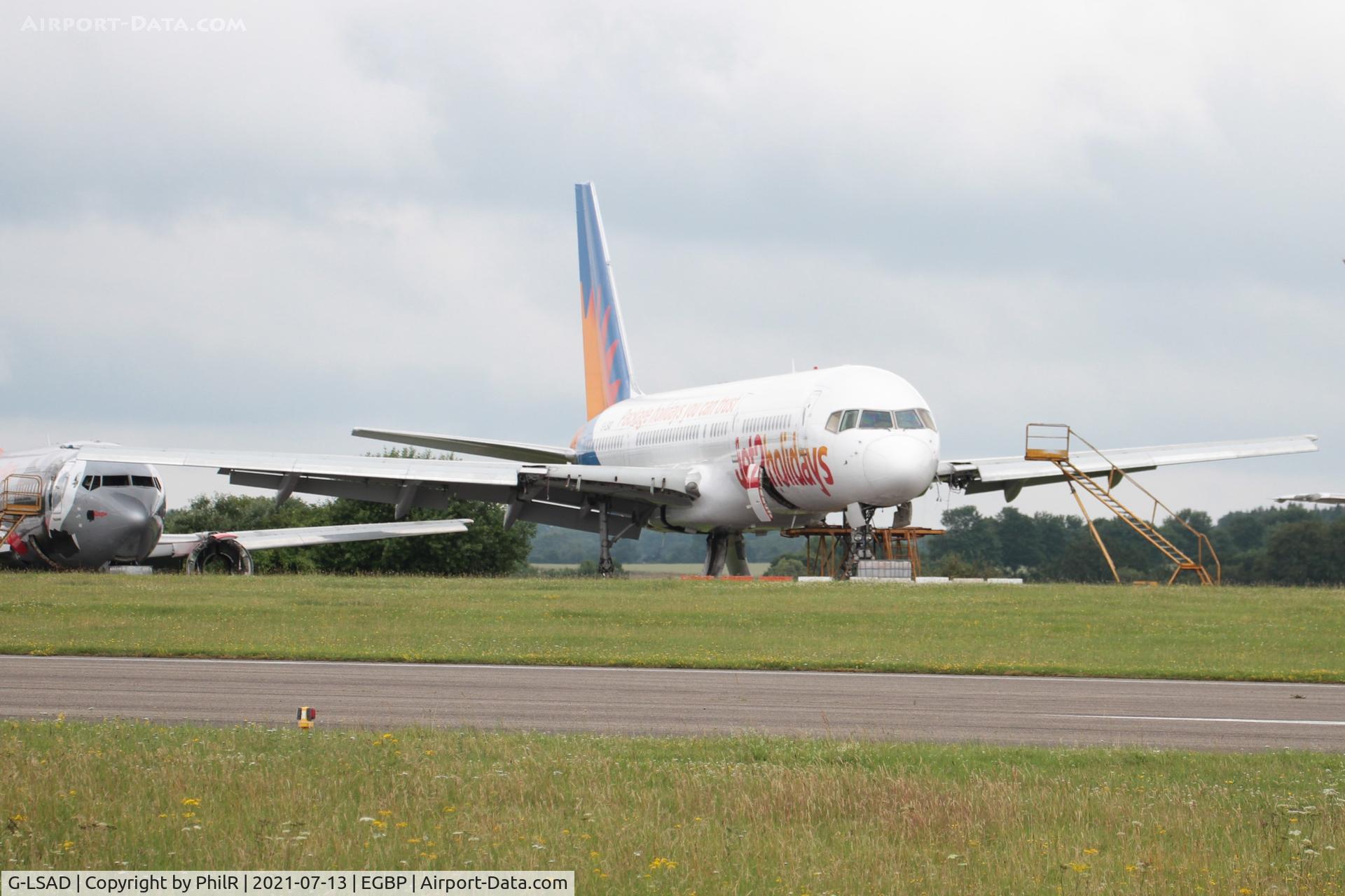Aircraft G-LSAD, 1989 Boeing 757-236, c/n 24397 l/n 221, G-LSAD 1989 Boeing 757-200 Jet2 Kemble, at EGBP, photo by PhilR