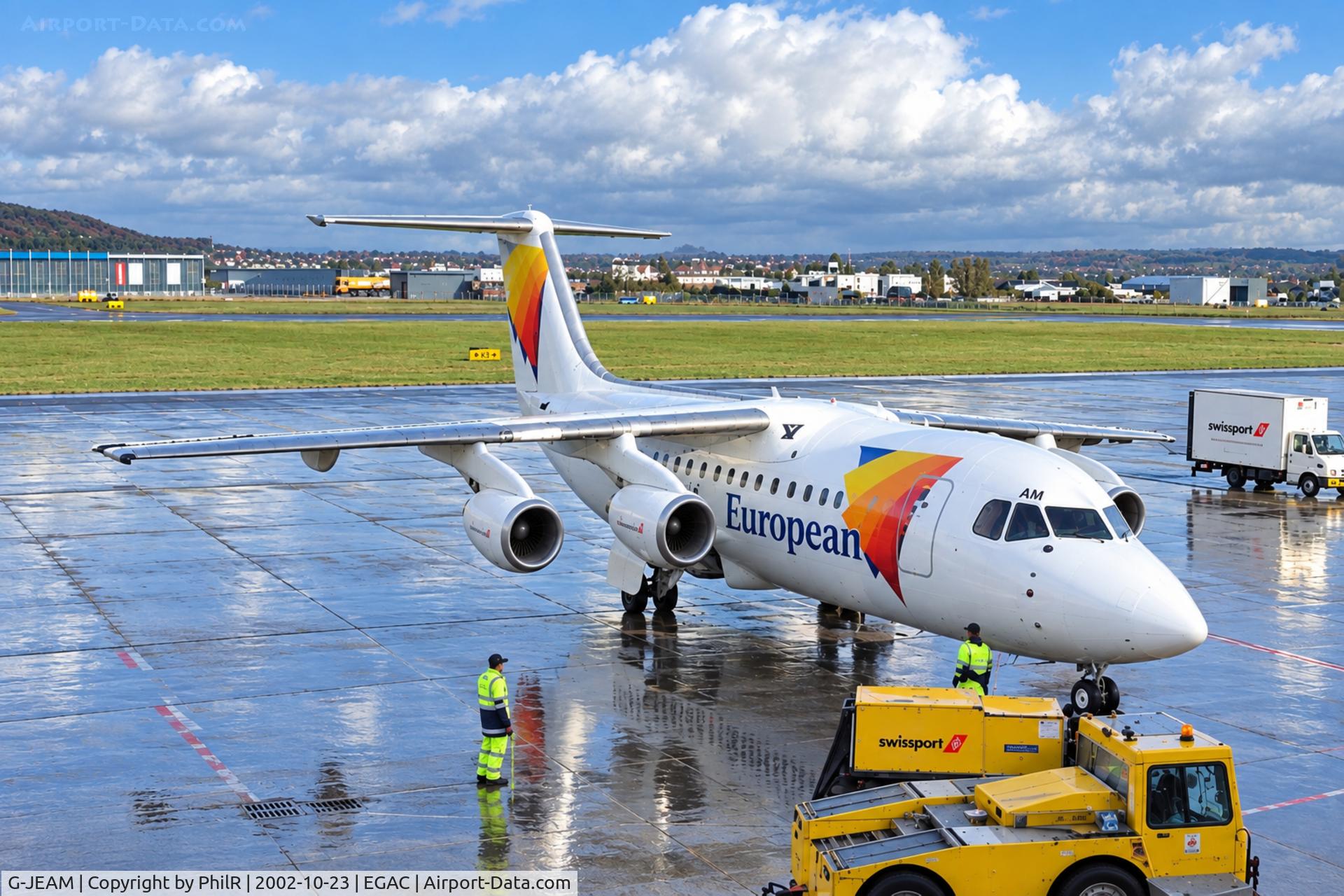 Aircraft G-JEAM, 1989 British Aerospace BAe.146-300, c/n E3128, G-JEAM 1989 BAe146-300 British European BHD, at EGAC, photo by PhilR
