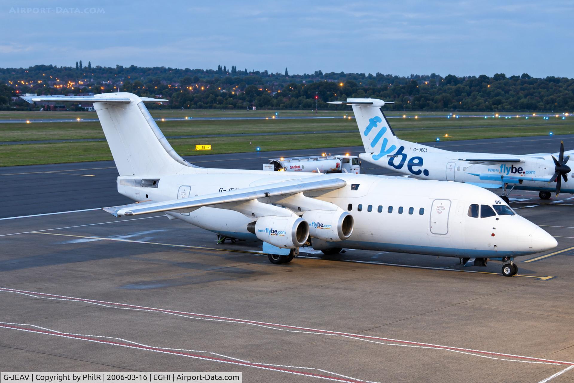 Aircraft G-JEAV, 1986 British Aerospace BAe.146-200, c/n E2064, G-JEAV 1986 BAe146-200 Flybe SOU, at EGHI, photo by PhilR