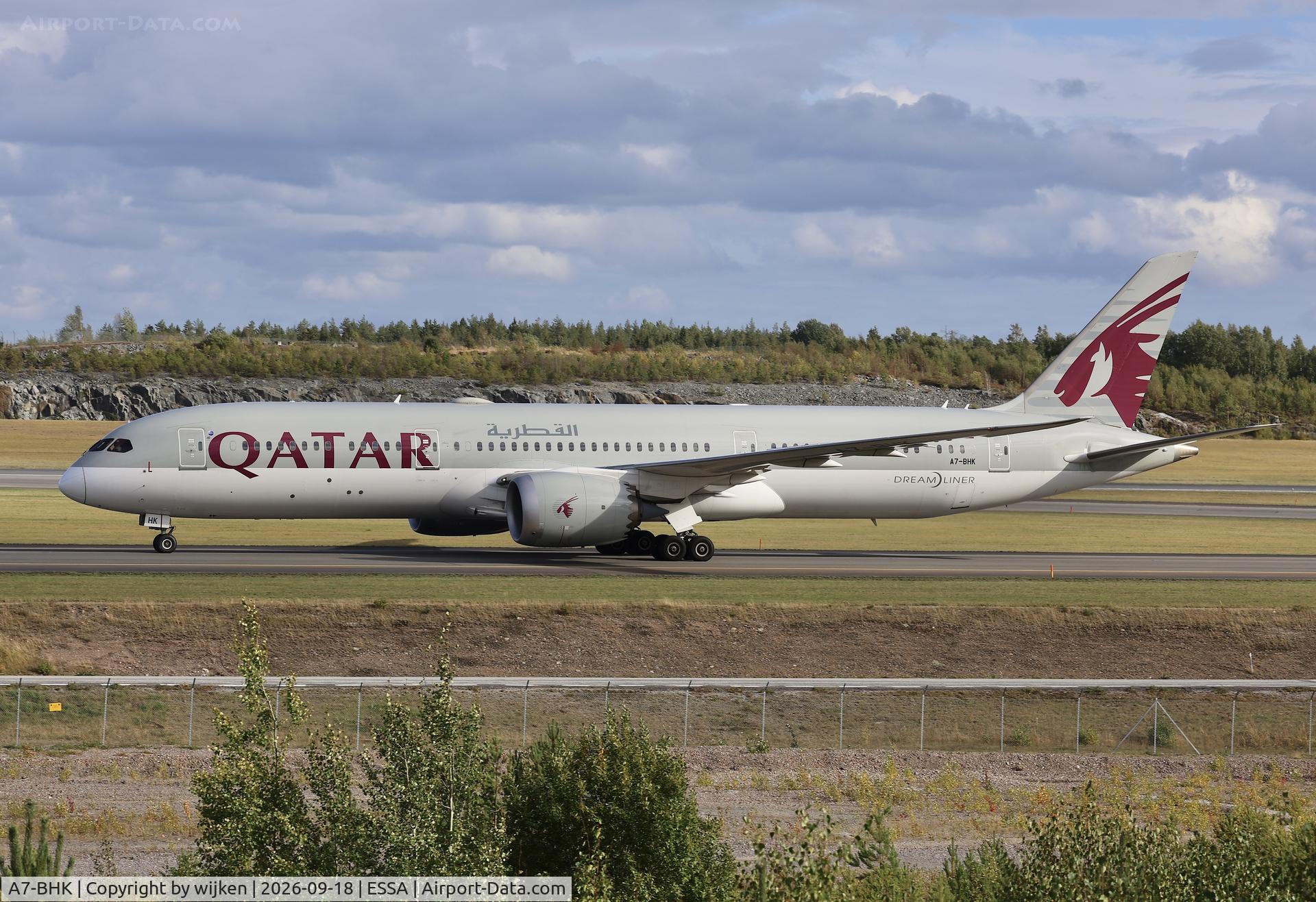 Aircraft A7-BHK, 2020 Boeing 787-9 Dreamliner, c/n 64221 l/n 1063, Twy W, at ESSA, photo by wijken