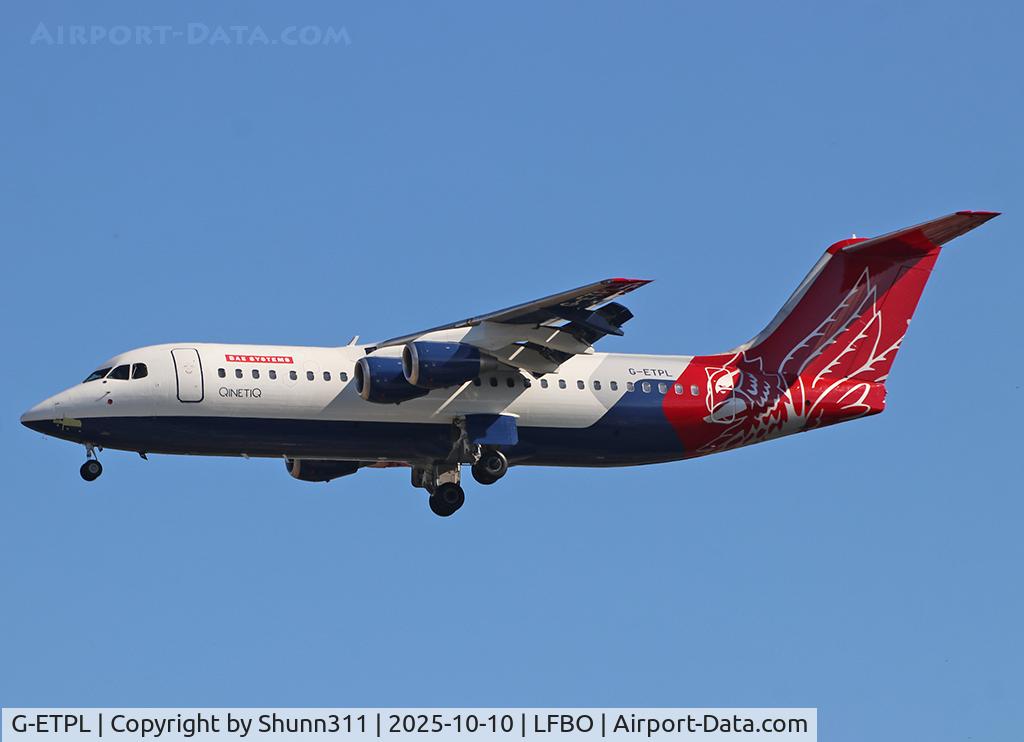 Aircraft G-ETPL, 2000 British Aerospace Avro 146-RJ100, c/n E3368, Landing rwy 32L, at LFBO, photo by Shunn311