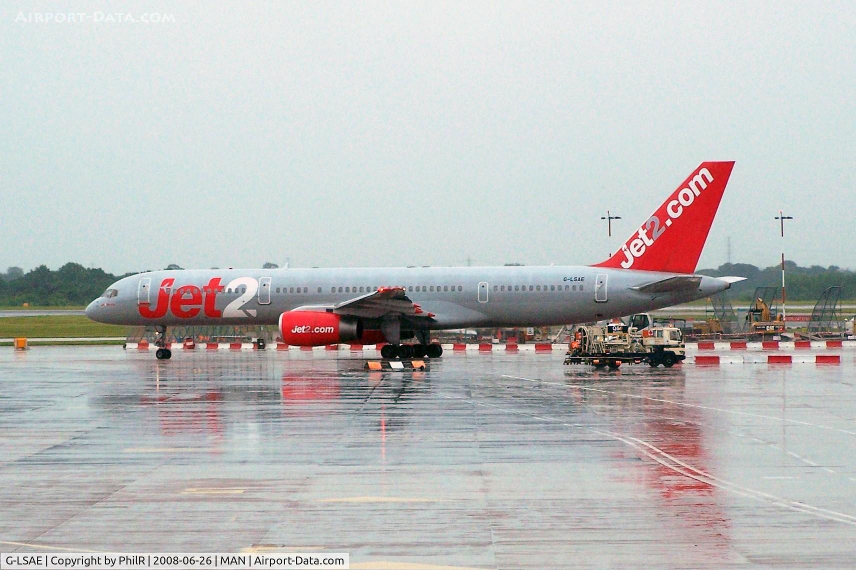 Aircraft G-LSAE, 1988 Boeing 757-27B, c/n 24135 l/n 165, G-LSAE 1988 B757-200 Jet 2 MAN, at MAN, photo by PhilR