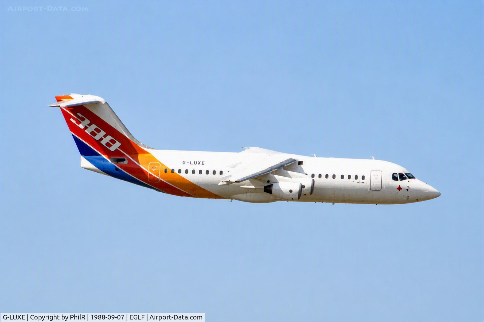 Aircraft G-LUXE, 1981 British Aerospace BAe.146-301, c/n E3001, G-LUXE 1981 BAe146-300 BAE SBAC, at EGLF, photo by PhilR