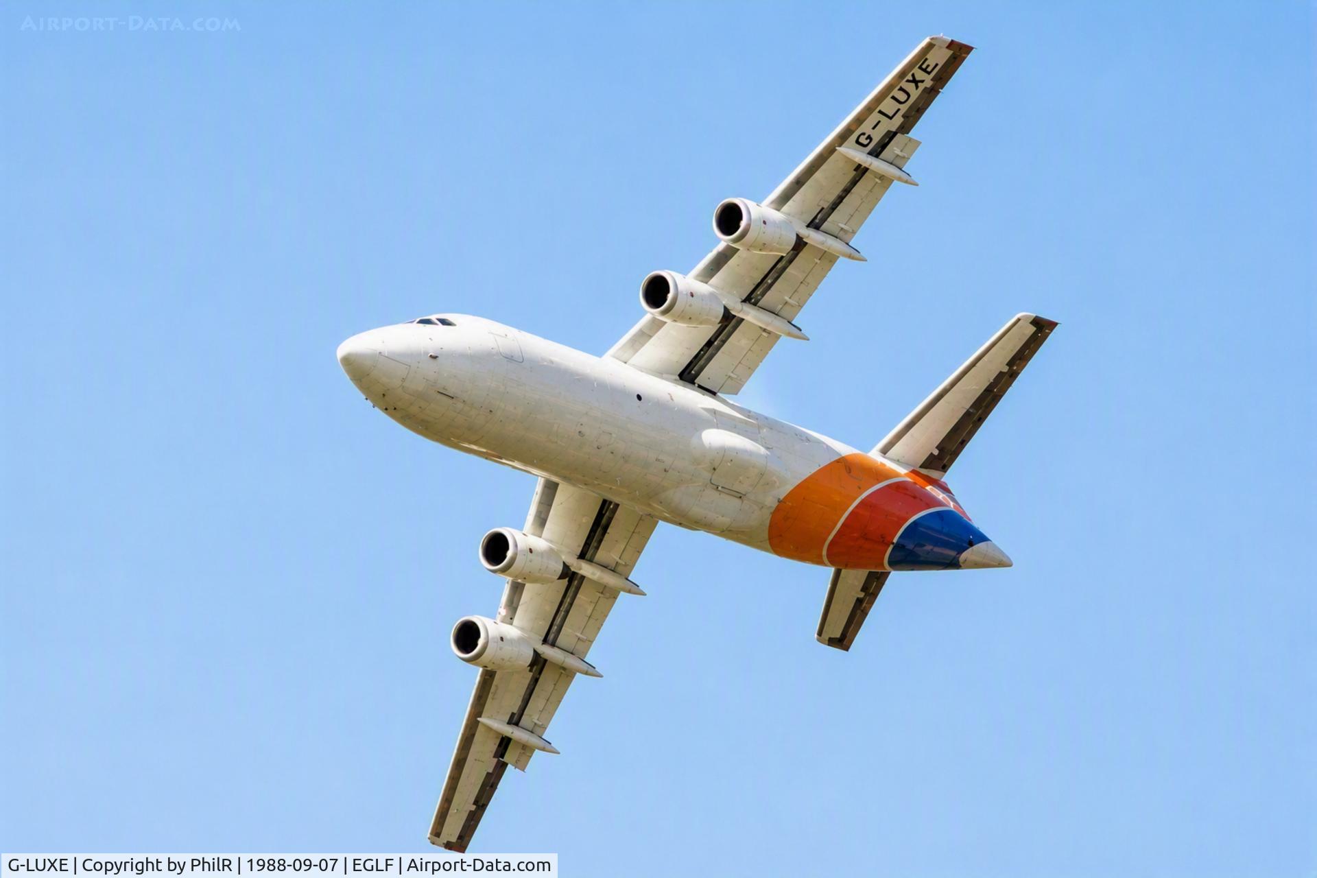 Aircraft G-LUXE, 1981 British Aerospace BAe.146-301, c/n E3001, G-LUXE 1981 BAe146-300 BAE SBAC, at EGLF, photo by PhilR
