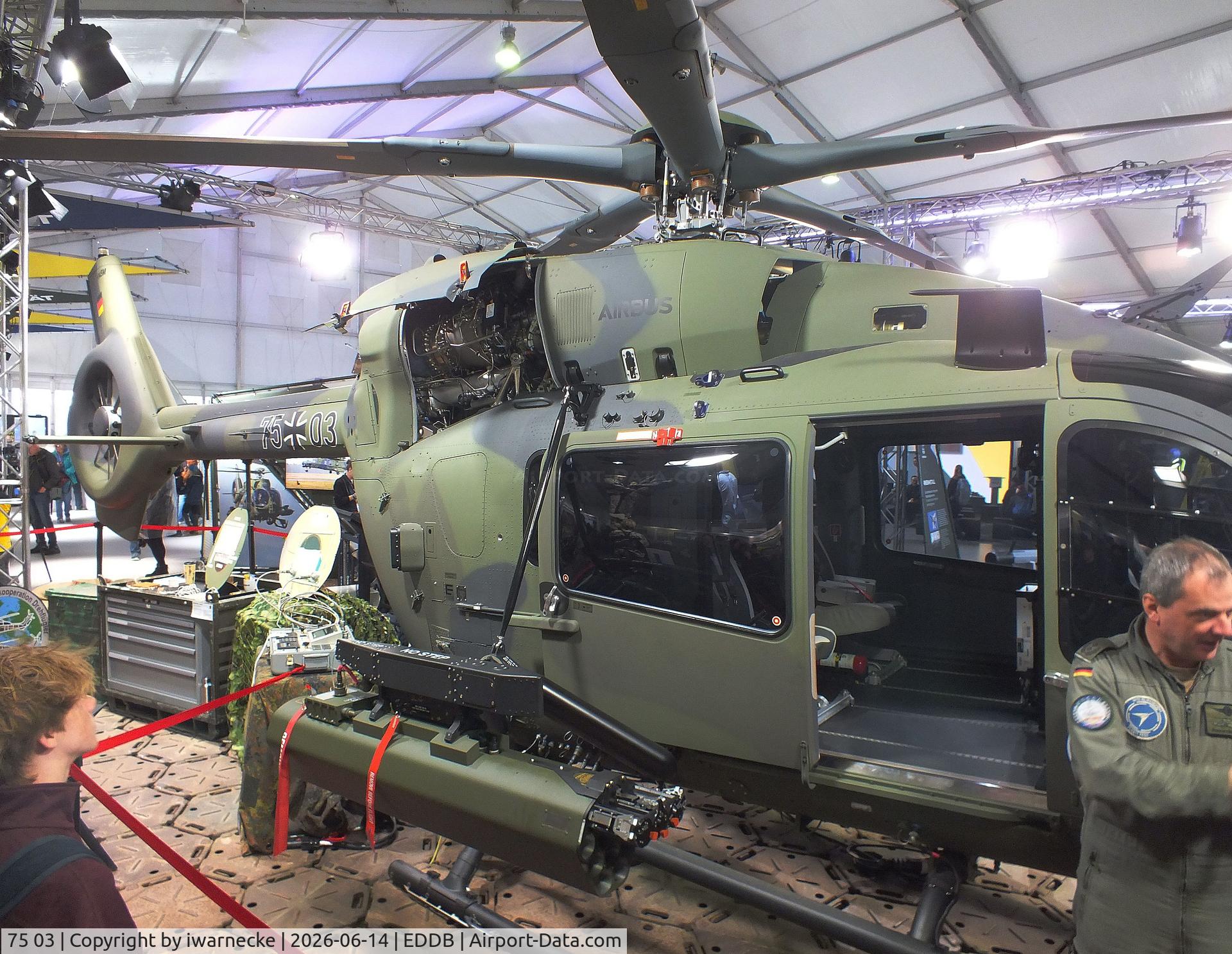 Aircraft 75 03, Airbus Helicopters H-145M, c/n 21405, Airbus Helicopters H145M of the Luftwaffe WTD 61 (German Air Force Technical and Airworthiness Center) at ILA 2026, Berlin, at EDDB, photo by iwarnecke