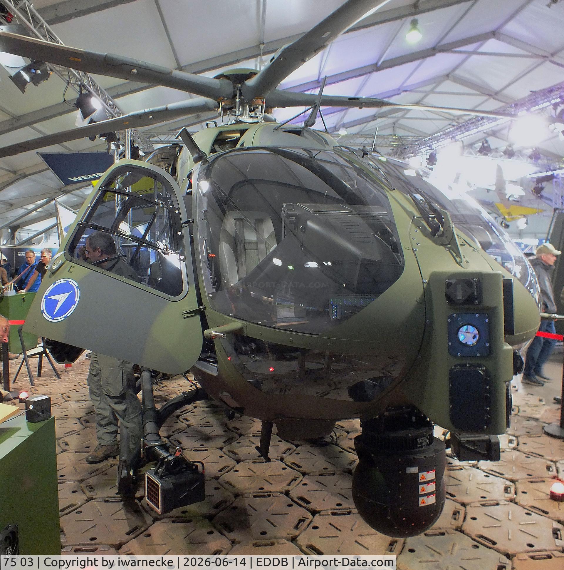 Aircraft 75 03, Airbus Helicopters H-145M, c/n 21405, Airbus Helicopters H145M of the Luftwaffe WTD 61 (German Air Force Technical and Airworthiness Center) at ILA 2026, Berlin, at EDDB, photo by iwarnecke