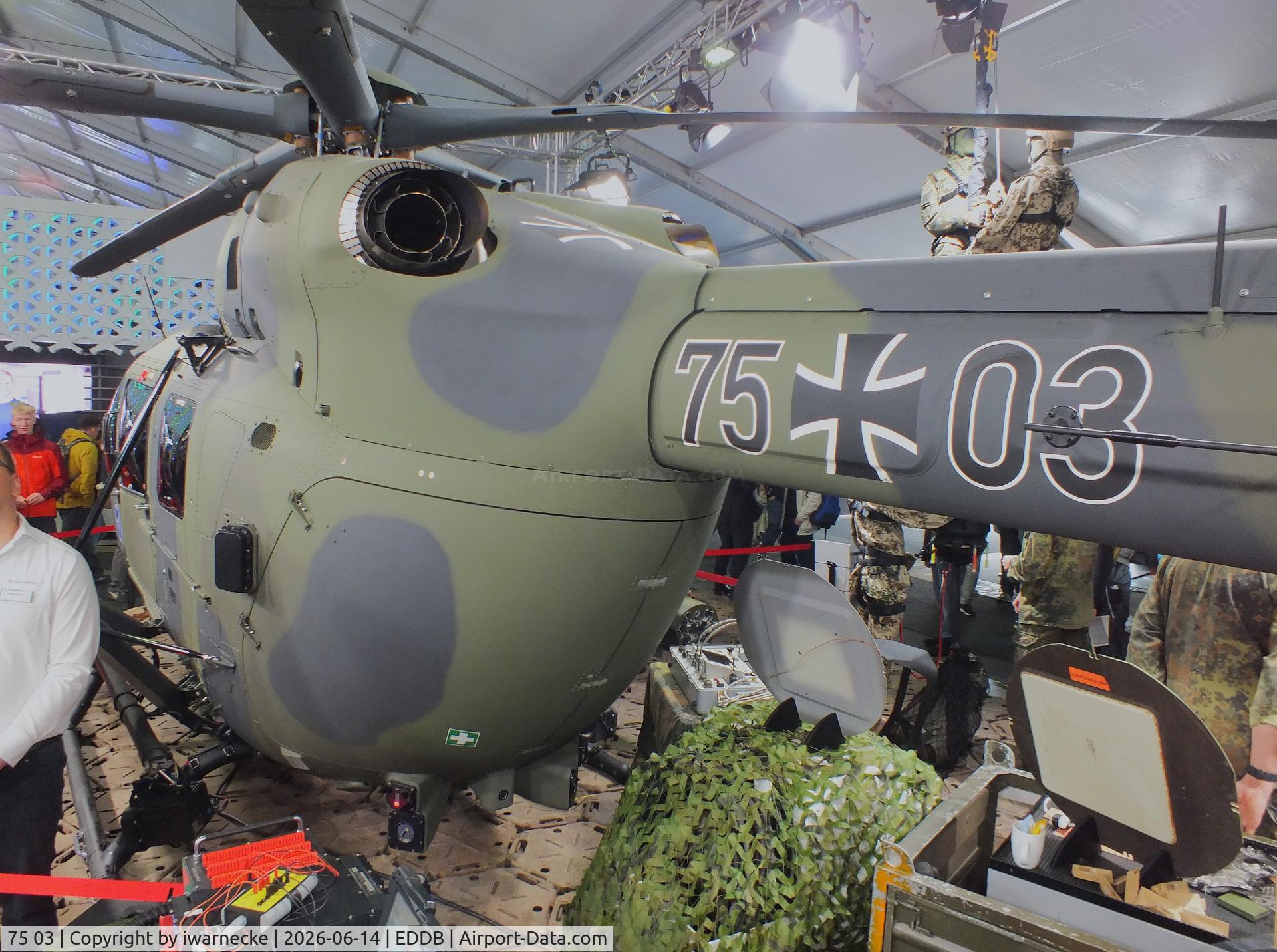 Aircraft 75 03, Airbus Helicopters H-145M, c/n 21405, Airbus Helicopters H145M of the Luftwaffe WTD 61 (German Air Force Technical and Airworthiness Center) at ILA 2026, Berlin, at EDDB, photo by iwarnecke