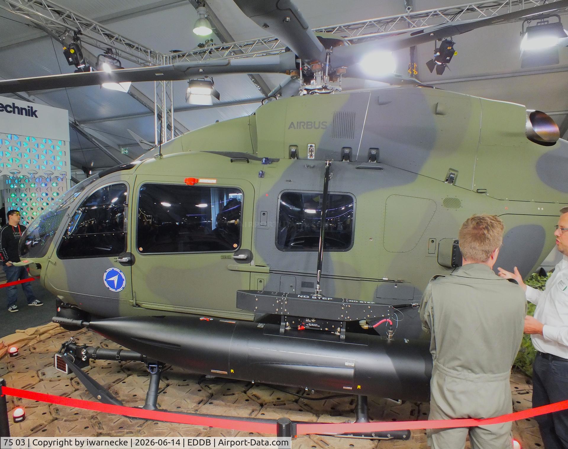Aircraft 75 03, Airbus Helicopters H-145M, c/n 21405, Airbus Helicopters H145M of the Luftwaffe WTD 61 (German Air Force Technical and Airworthiness Center) at ILA 2026, Berlin, at EDDB, photo by iwarnecke