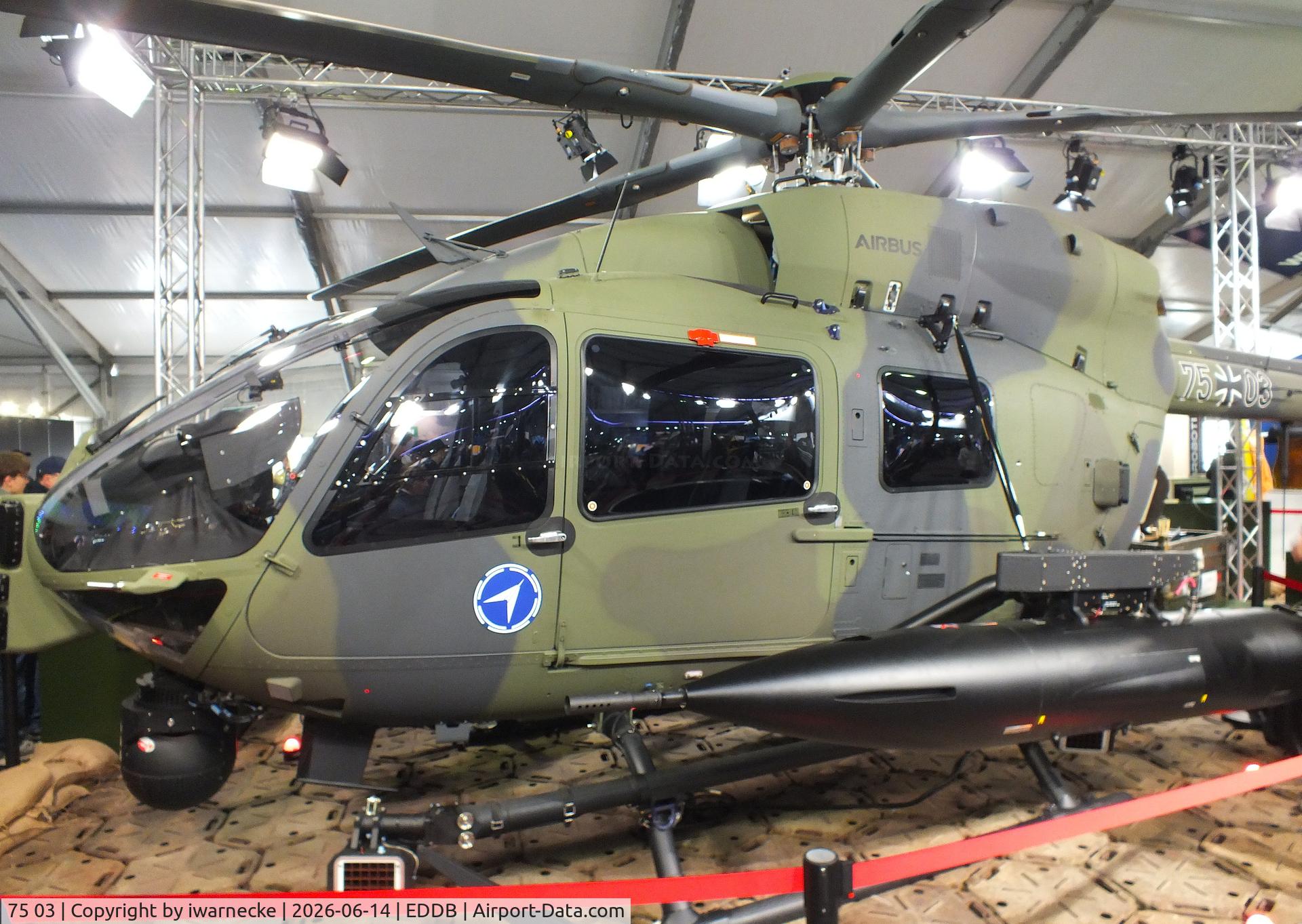 Aircraft 75 03, Airbus Helicopters H-145M, c/n 21405, Airbus Helicopters H145M of the Luftwaffe WTD 61 (German Air Force Technical and Airworthiness Center) at ILA 2026, Berlin, at EDDB, photo by iwarnecke