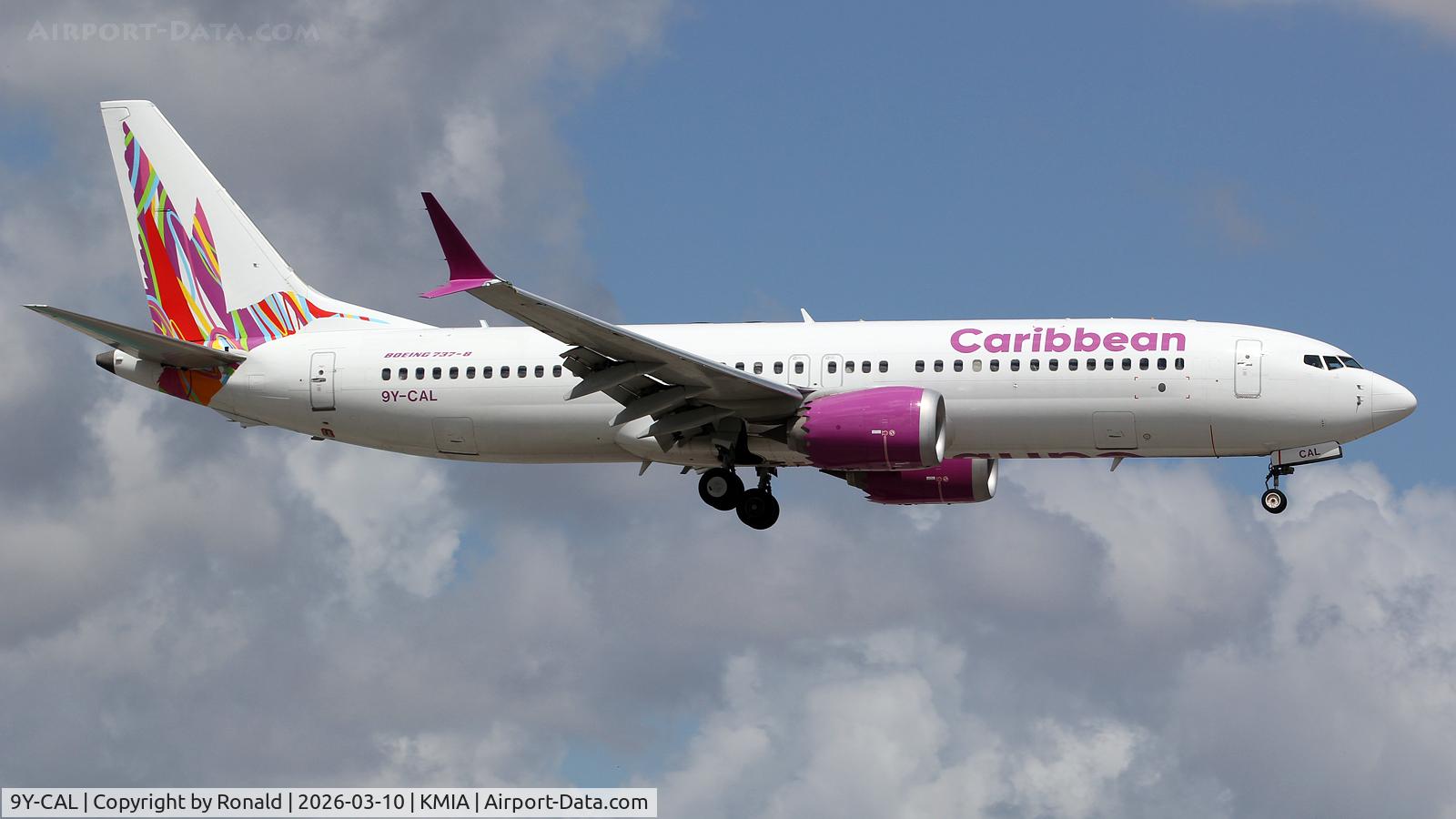 Aircraft 9Y-CAL, 2021 Boeing 737-8 MAX, c/n 43385 l/n 7947, at mia, at KMIA, photo by Ronald
