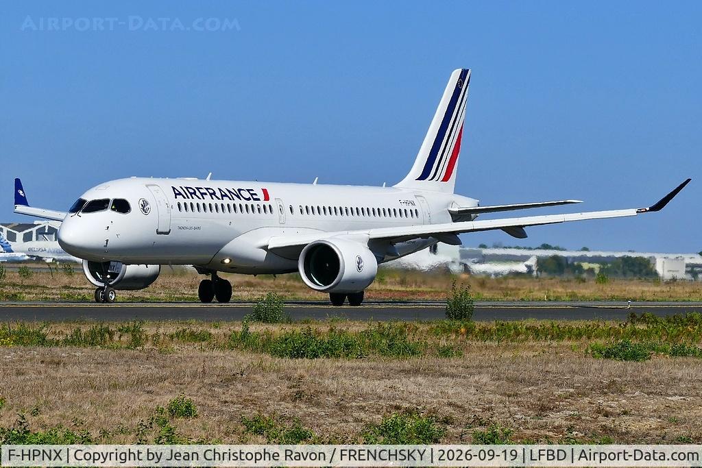 Aircraft F-HPNX, 2025 Airbus A220-300, c/n 55390, Bordeaux (BOD) Paris (CDG) AF7435, at LFBD, photo by Jean Christophe Ravon / FRENCHSKY