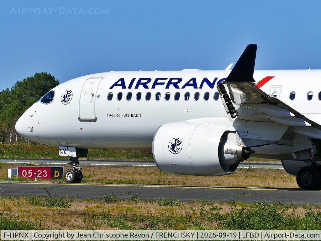 Aircraft F-HPNX, 2025 Airbus A220-300, c/n 55390, Bordeaux (BOD) Paris (CDG) AF7435, at LFBD, photo by Jean Christophe Ravon / FRENCHSKY