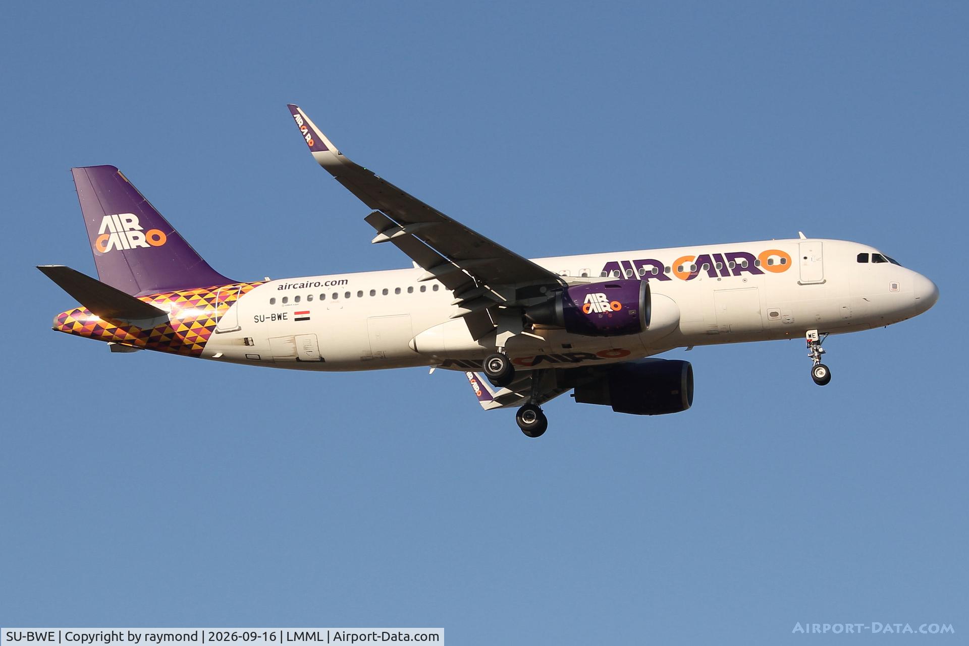 Aircraft SU-BWE, Airbus 320-214, c/n 6500, Airbus A320-214 reg SU-BWE of Air Cairo on final approach for RW13 landing in Malta., at LMML, photo by raymond