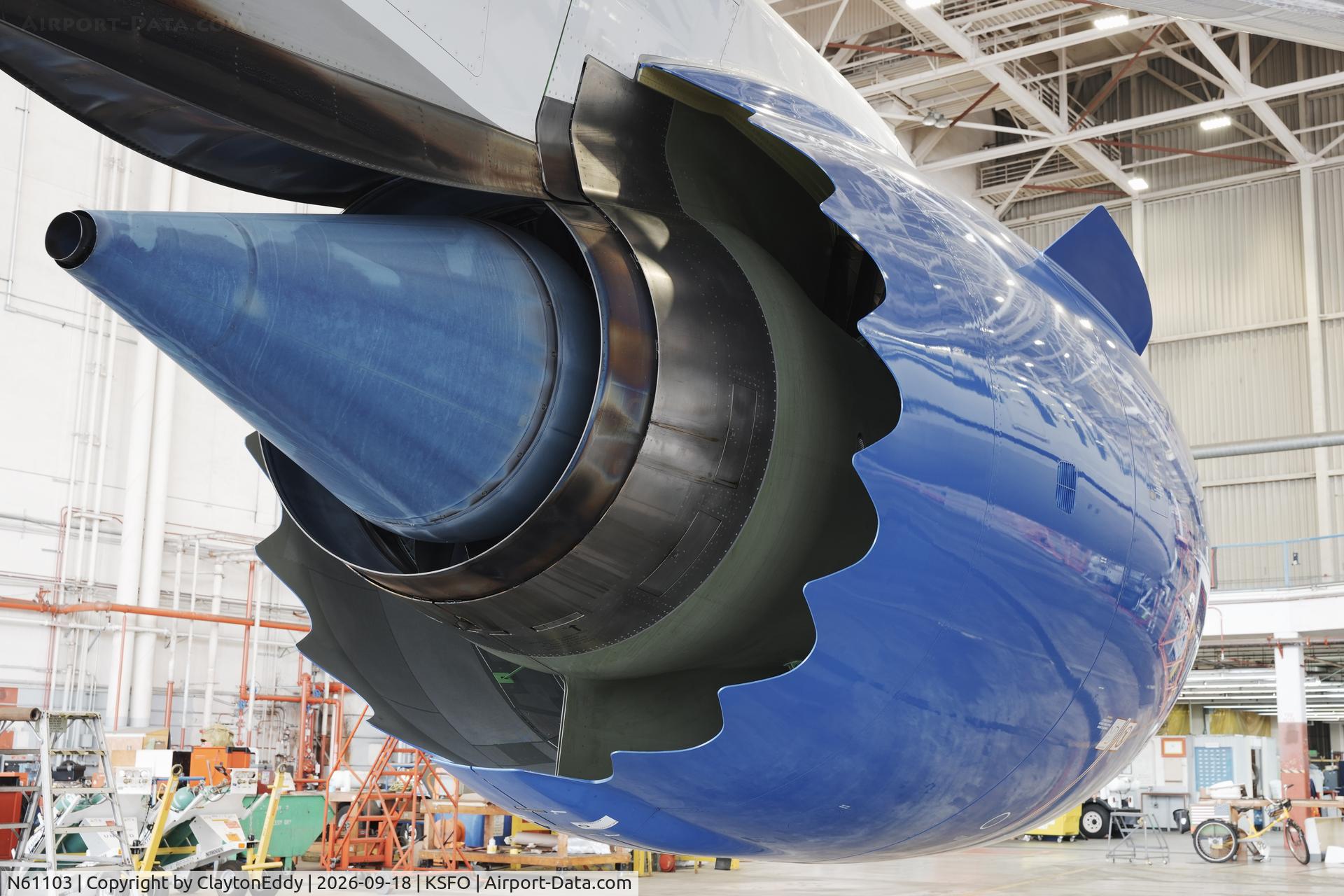 Aircraft N61103, 2026 Boeing 787-9 Dreamliner Dreamliner, c/n 68649 l/n 1281, Blue tail cone = new engine. SFO 2026, at KSFO, photo by ClaytonEddy