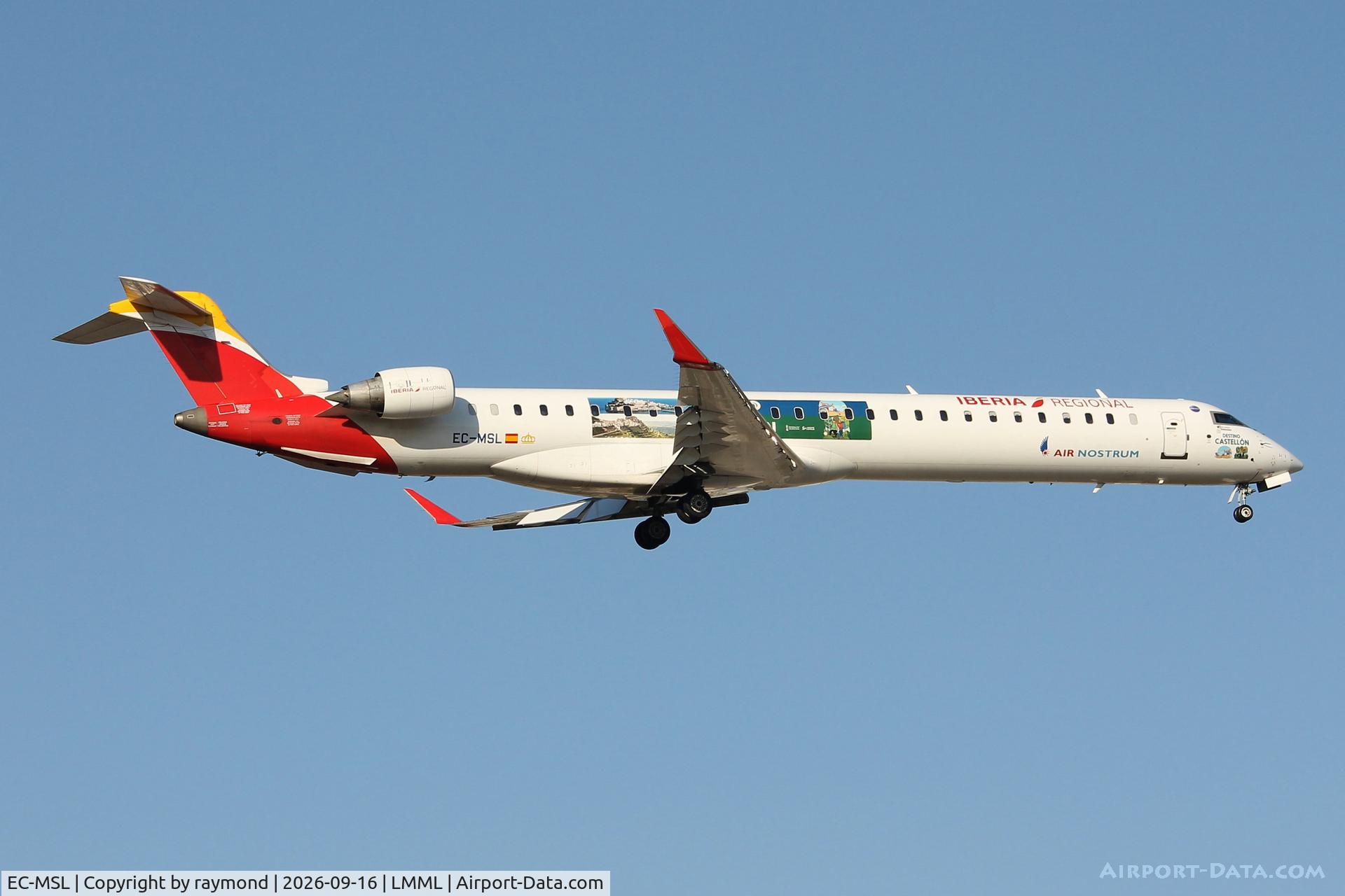 Aircraft EC-MSL, 2017 Bombardier CRJ-1000 (CL-600-2E25), c/n 19058, Bombardier CRJ-1000 reg EC-MSL of Air Nostrum o final approach for RW13 Malta., at LMML, photo by raymond
