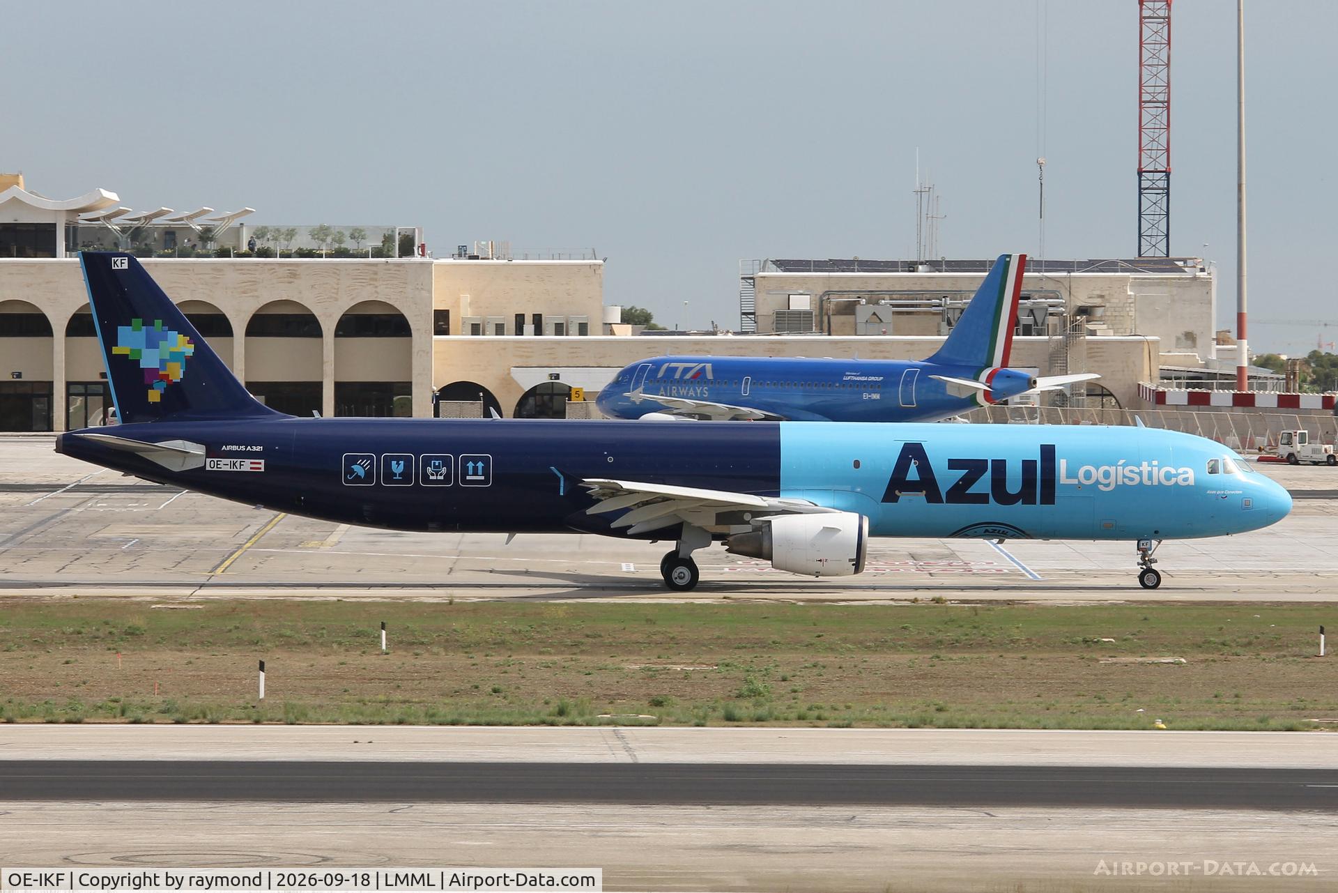 Aircraft OE-IKF, Airbus A321-211(P2F), c/n 03372, Azul Cargo Airbus A321-211(P2F) reg OE-IKF taxiing out for departure from Malta., at LMML, photo by raymond