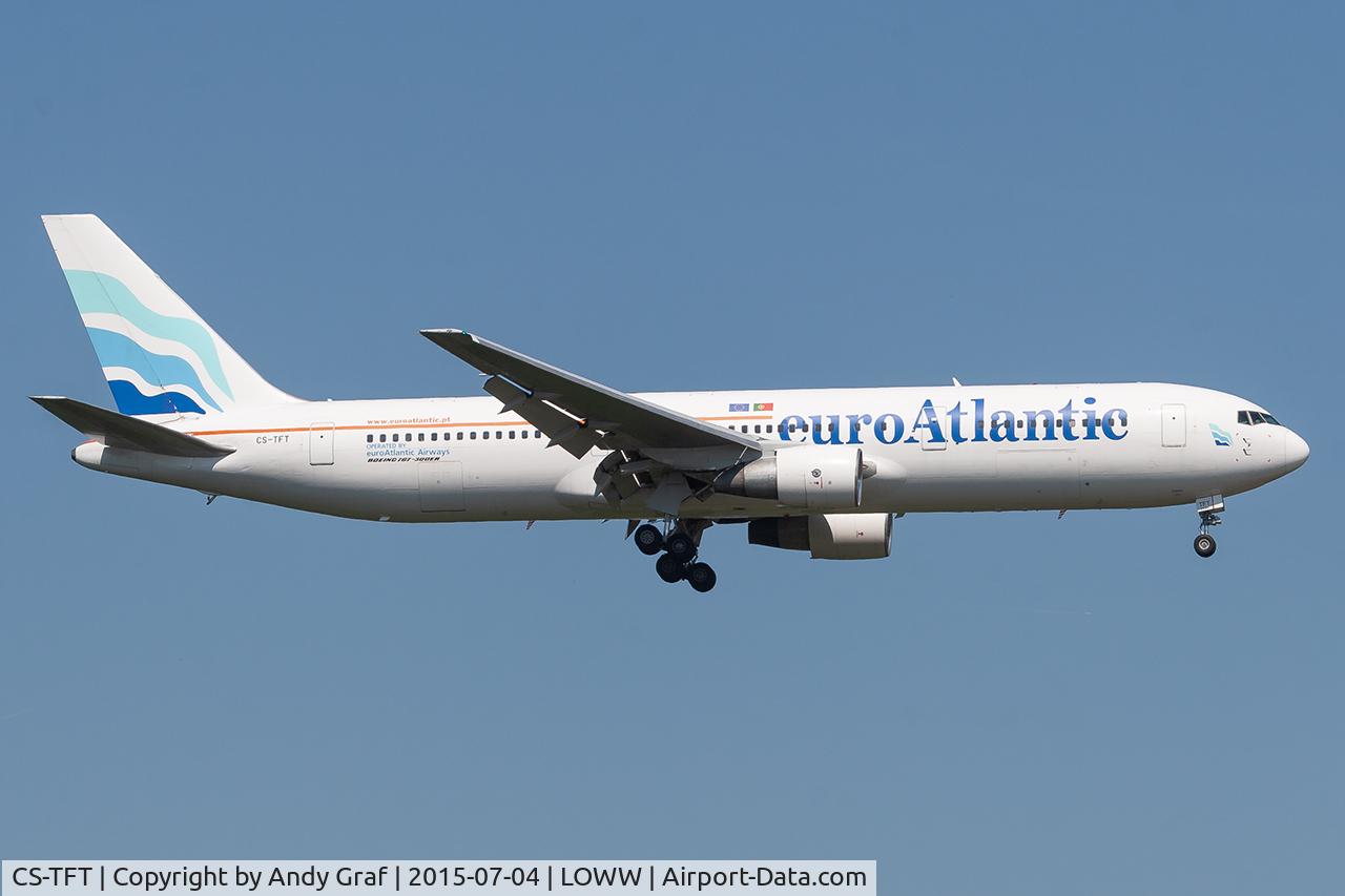 Aircraft CS-TFT, 1993 Boeing 767-3Y0/ER, c/n 26208 l/n 505, Euroatlantic 767-300, at LOWW, photo by Andy Graf