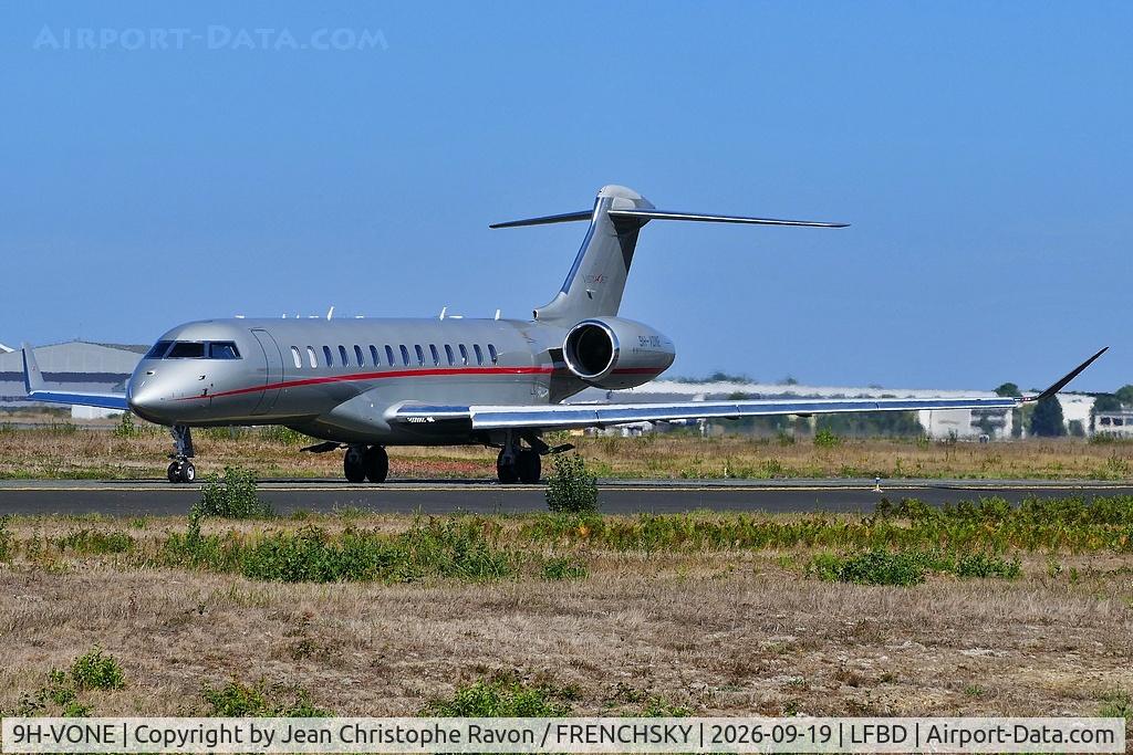 Aircraft 9H-VONE, 2022 Bombardier Global 7500 (BD-700-1A10), c/n 70126, Bordeaux (BOD) White Plains (HPN) VJT755, at LFBD, photo by Jean Christophe Ravon / FRENCHSKY