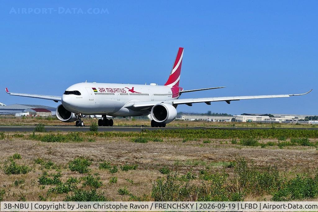 Aircraft 3B-NBU, 2019 Airbus A330-941, c/n 1884, Bordeaux (BOD) Mauritius (MRU) MK5, at LFBD, photo by Jean Christophe Ravon / FRENCHSKY