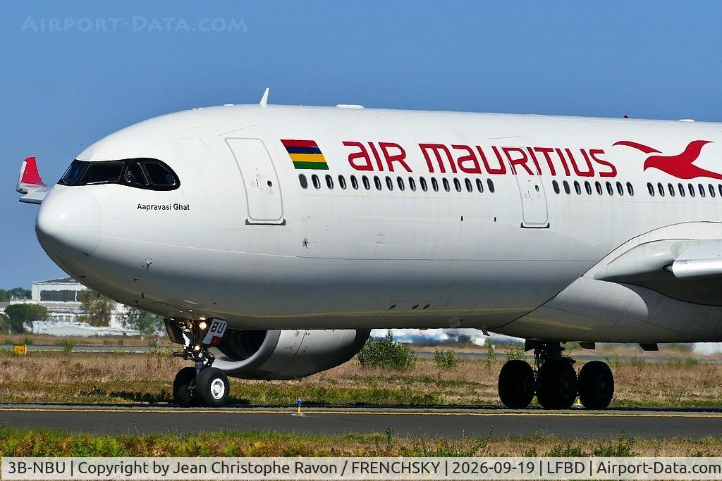 Aircraft 3B-NBU, 2019 Airbus A330-941, c/n 1884, Bordeaux (BOD) Mauritius (MRU) MK5, at LFBD, photo by Jean Christophe Ravon / FRENCHSKY