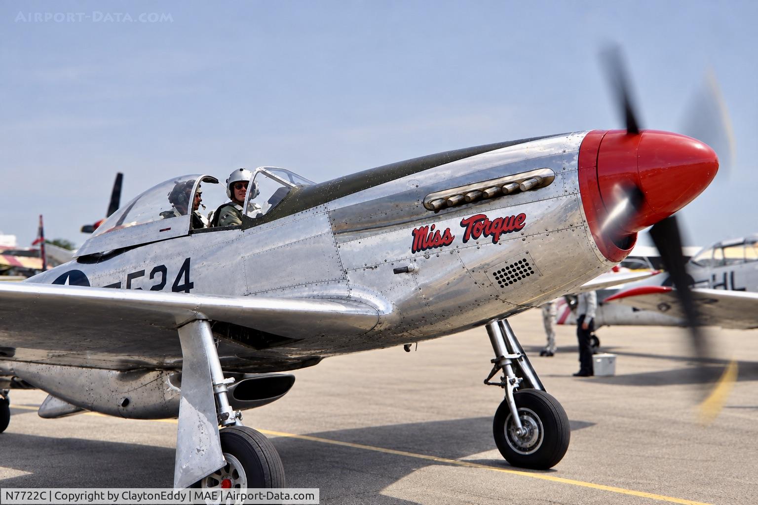 Aircraft N7722C, 1944 North American F-51D Mustang, c/n 44-73420, Madera airport? 1980's?, at MAE, photo by ClaytonEddy