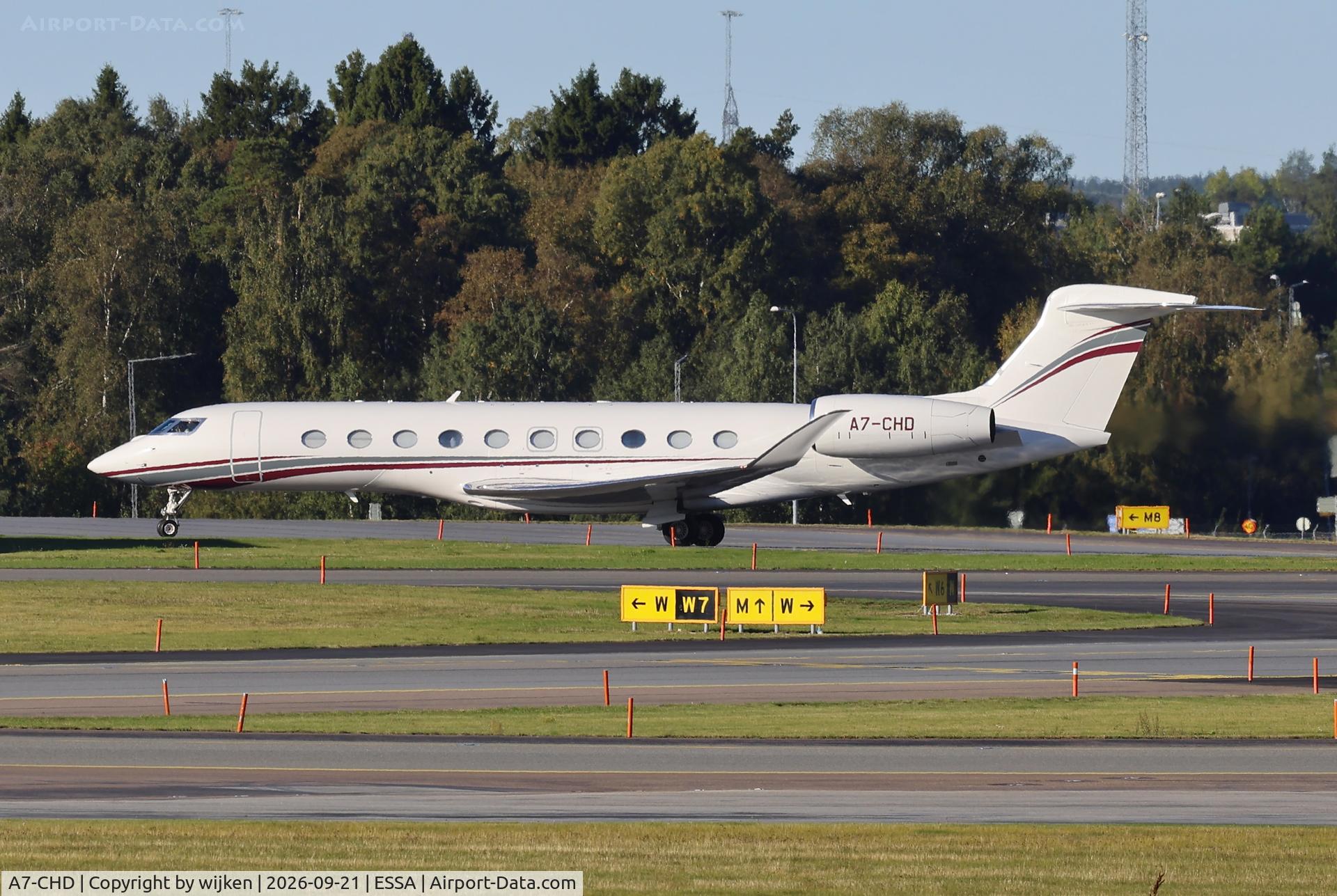 Aircraft A7-CHD, 2022 Gulfstream GVIII-G700, c/n 87025, Ramp M, at ESSA, photo by wijken