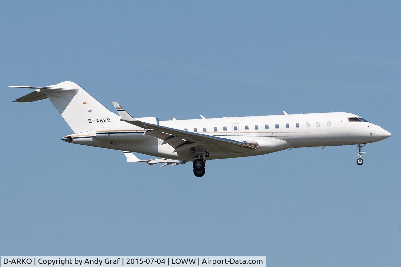 Aircraft D-ARKO, 2009 Bombardier BD-700-1A10 Global Express, c/n 9348, Untitled BD700, at LOWW, photo by Andy Graf