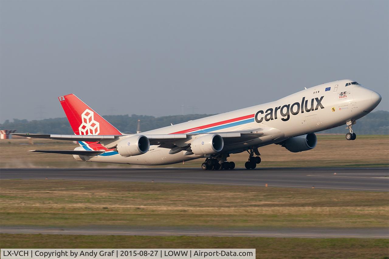 Aircraft LX-VCH, 2013 Boeing 747-8R7F, c/n 35821 l/n 1473, Cargolux 747-8, at LOWW, photo by Andy Graf