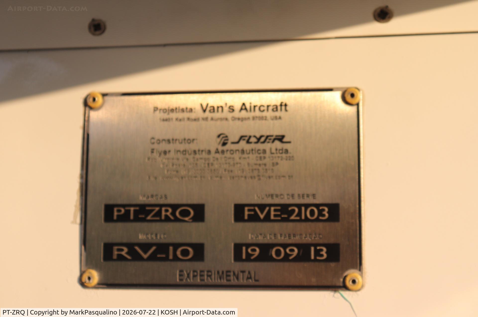 Aircraft PT-ZRQ, 2013 Vans RV-10, c/n FVE-2103, Vans RV-10, at KOSH, photo by MarkPasqualino