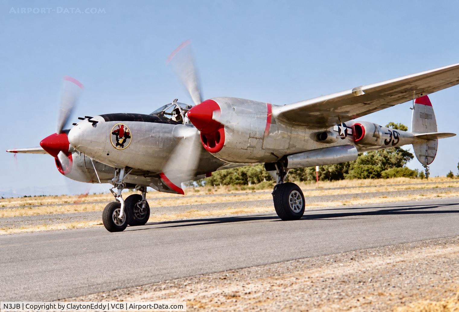 Aircraft N3JB, 1944 Lockheed P-38L Lightning, c/n 422-8352, Vacaville Nut Tree Airport in California early 1980's, at VCB, photo by ClaytonEddy